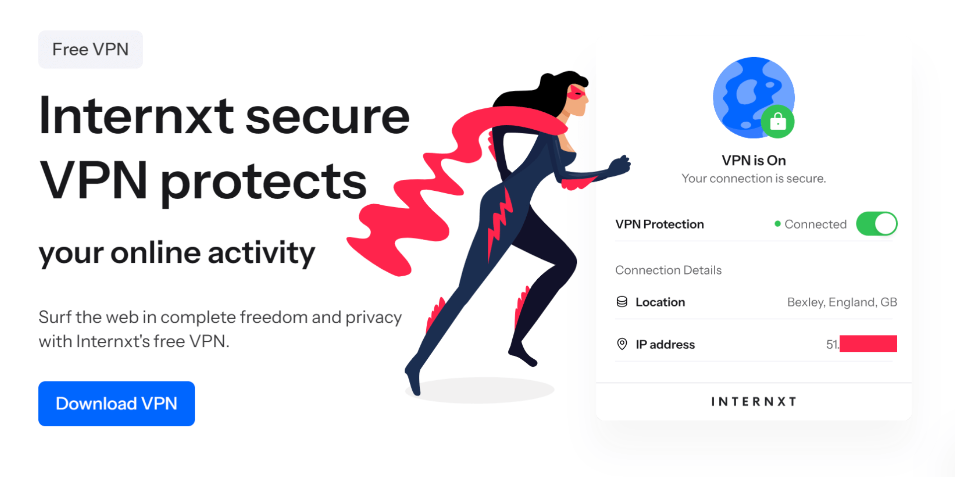 Screenshot of Internxt website showing free Internxt VPN.