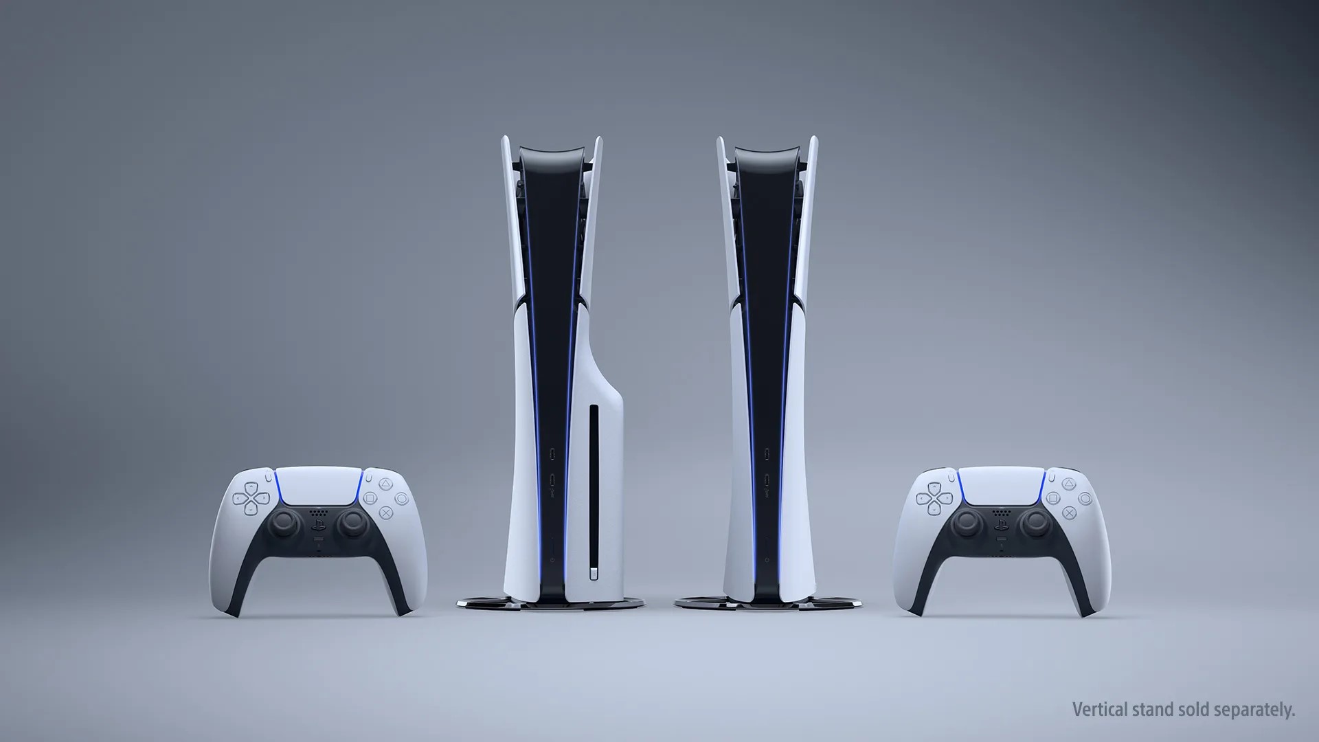 A two models of PlayStation 5 Slim (PS5 Slim). There's a disc version of PS5 Slim with DualSense wireless controller in the left and digital edition with DualSense wireless controller in the right.