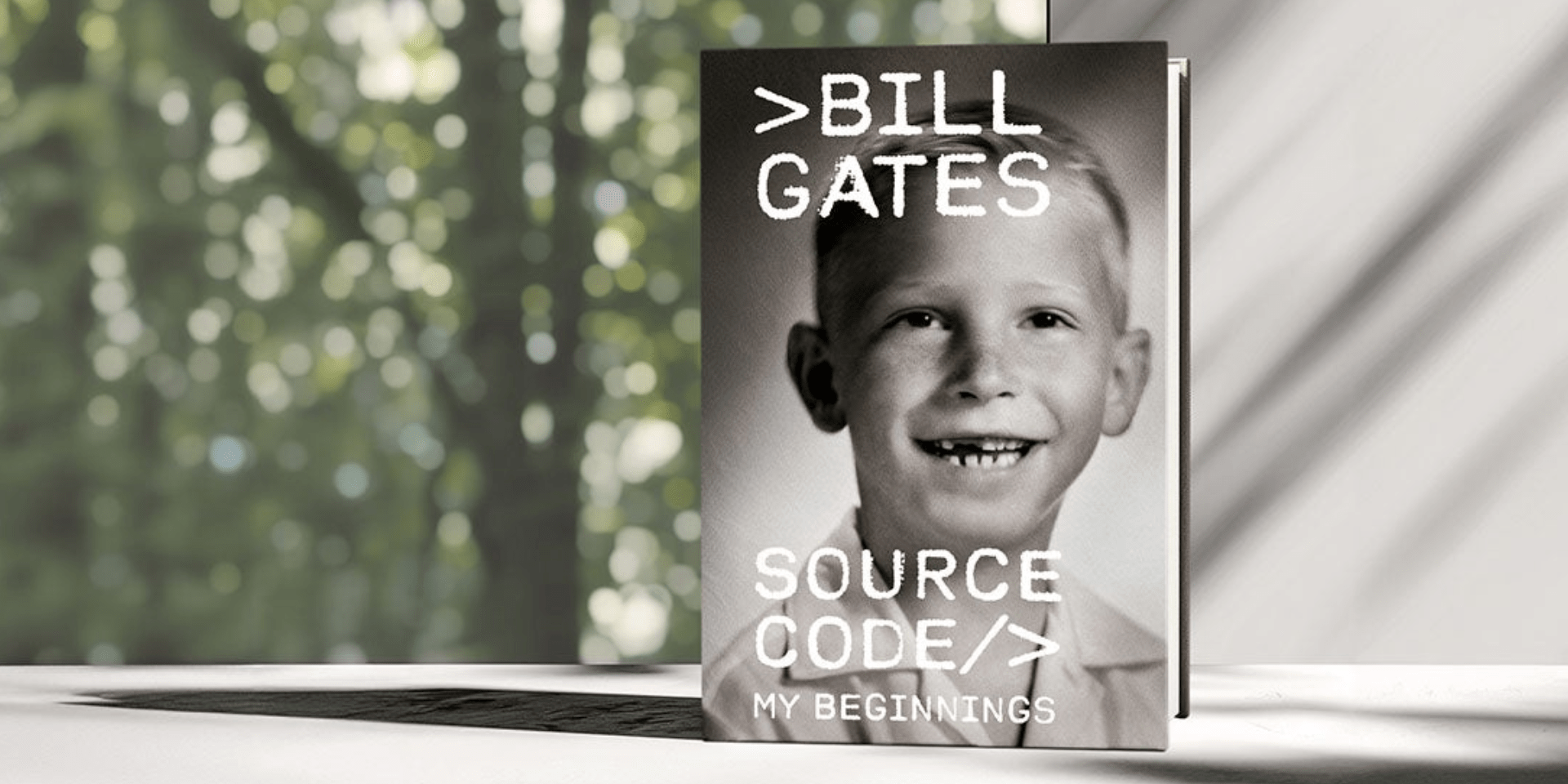 A black and white image of a book cover. The title, "Bill Gates," is written in large white letters at the top. Below it, in smaller white letters, is "Source Code: My Beginnings."