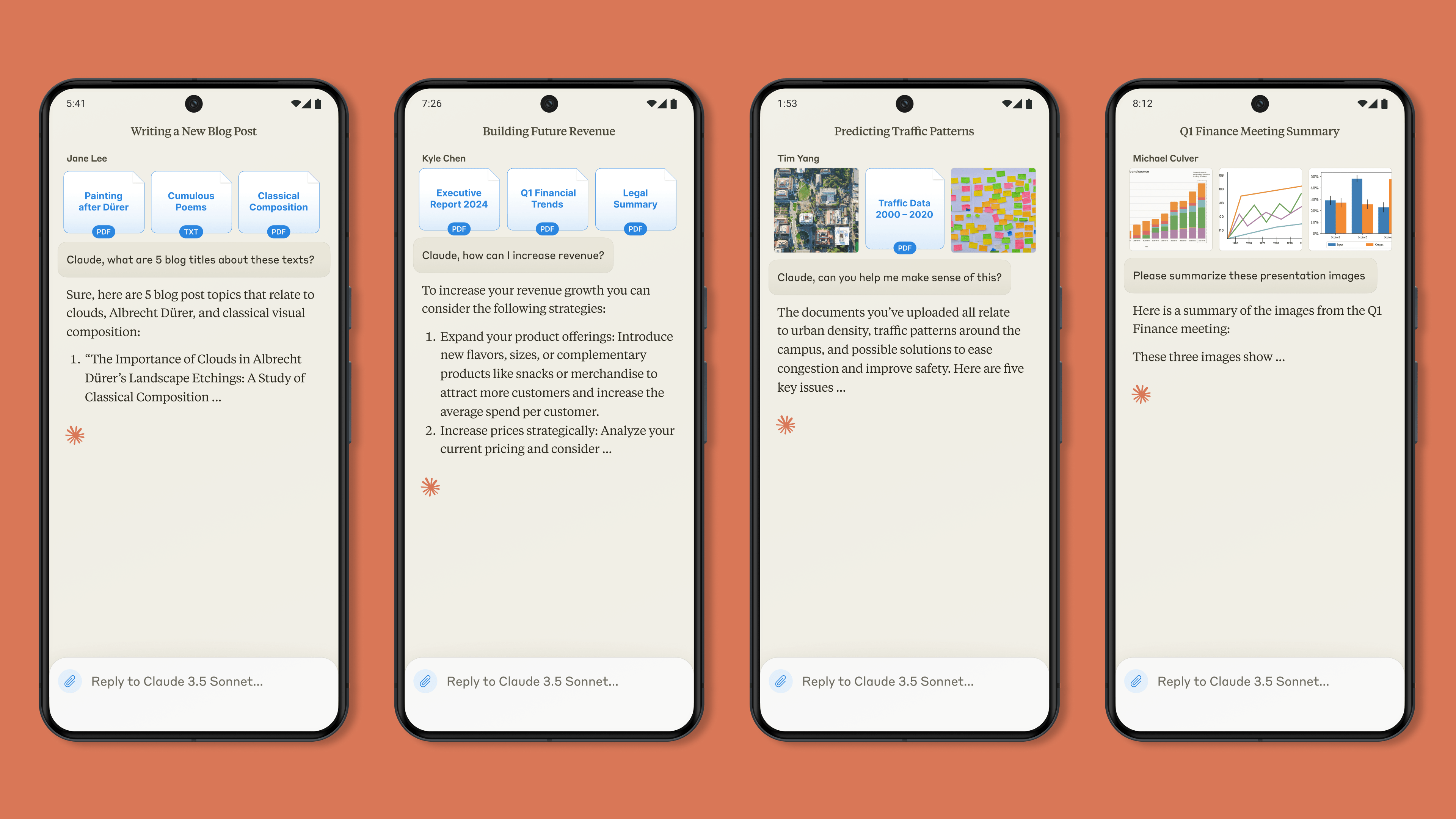 Four examples of use cases of Anthropic's Claude Android app on devices.