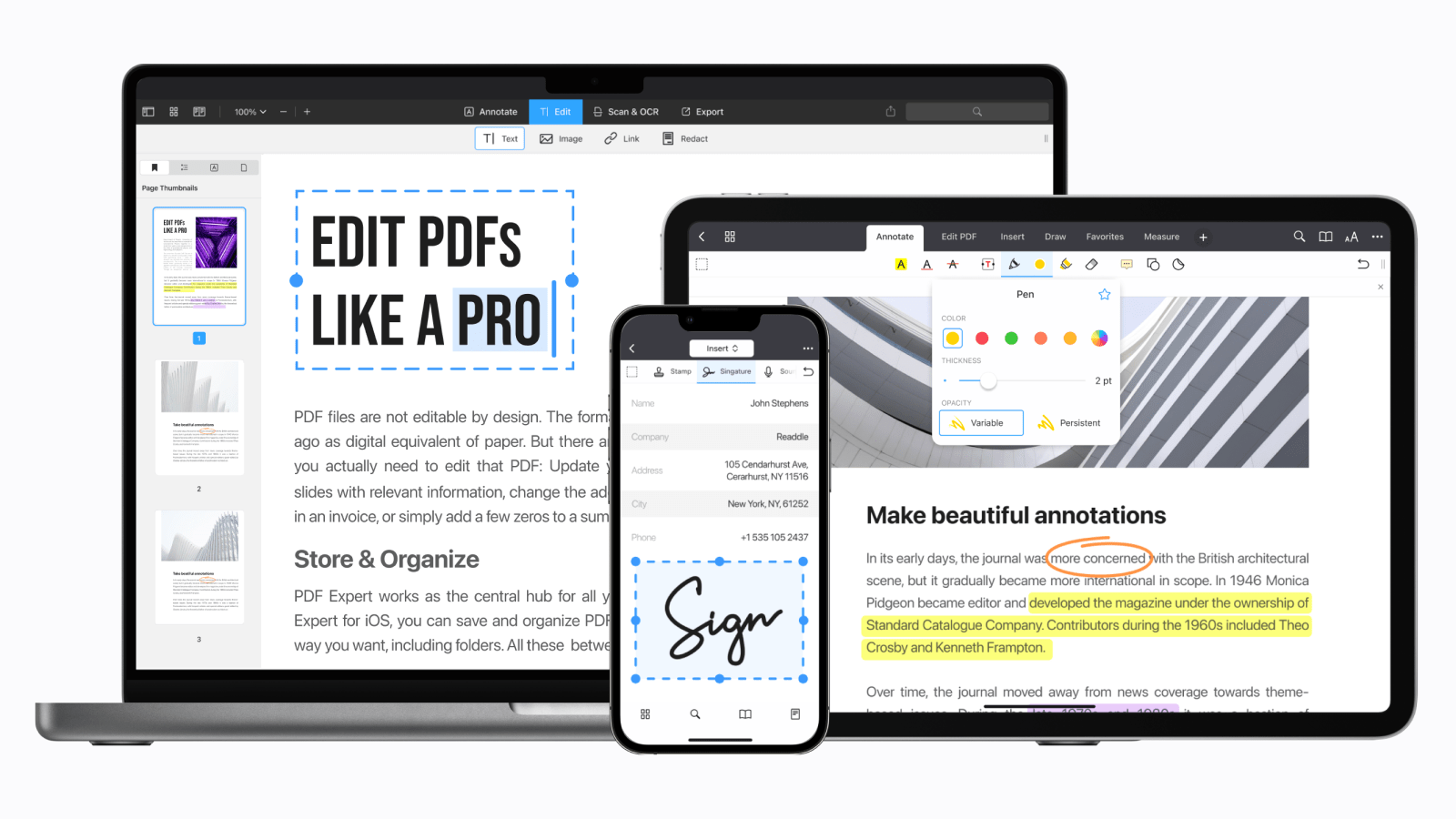 A PDF Expert app showing on multiple device, including iPhone, MacBook and iPad.