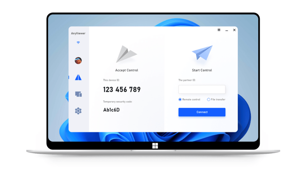 A mockup image showing AnyViewer remote desktop software on prototype Windows laptop.