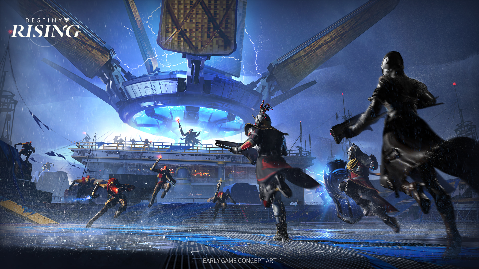 The image is an early game concept art for 'Destiny Rising.' It depicts a futuristic, intense battle scene with several armored characters wielding weapons and engaging in combat. The background features a large, technologically advanced structure with blue lighting and electrical discharges, suggesting a high-energy environment. The characters are dynamically posed, indicating movement and action, with some leaping or running towards the central structure. The scene is set in a rainy, industrial setting, adding to the dramatic atmosphere. The text 'DESTINY RISING' is displayed in the upper left corner, and 'EARLY GAME CONCEPT ART' is written at the bottom.