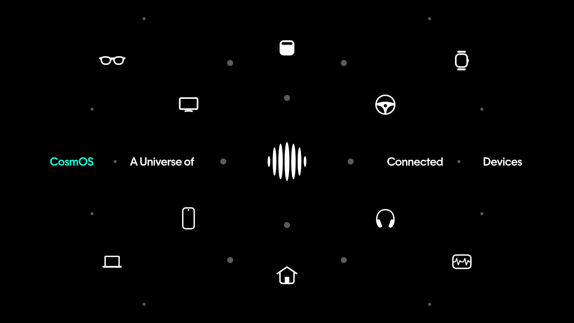 An illustrated image for Humane CosmOS. The image shows a black background with various white icons representing different connected devices arranged in a circular pattern around a central logo. The icons include glasses, a computer monitor, a steering wheel, a smartwatch, a smartphone, headphones, a house, a laptop, and a medical monitor. The central logo resembles a sound wave or signal. The text "CosmOS" is written in blue on the left side, and the text "A Universe of Connected Devices" is written in white on the right side. The image suggests a network or ecosystem of interconnected devices.