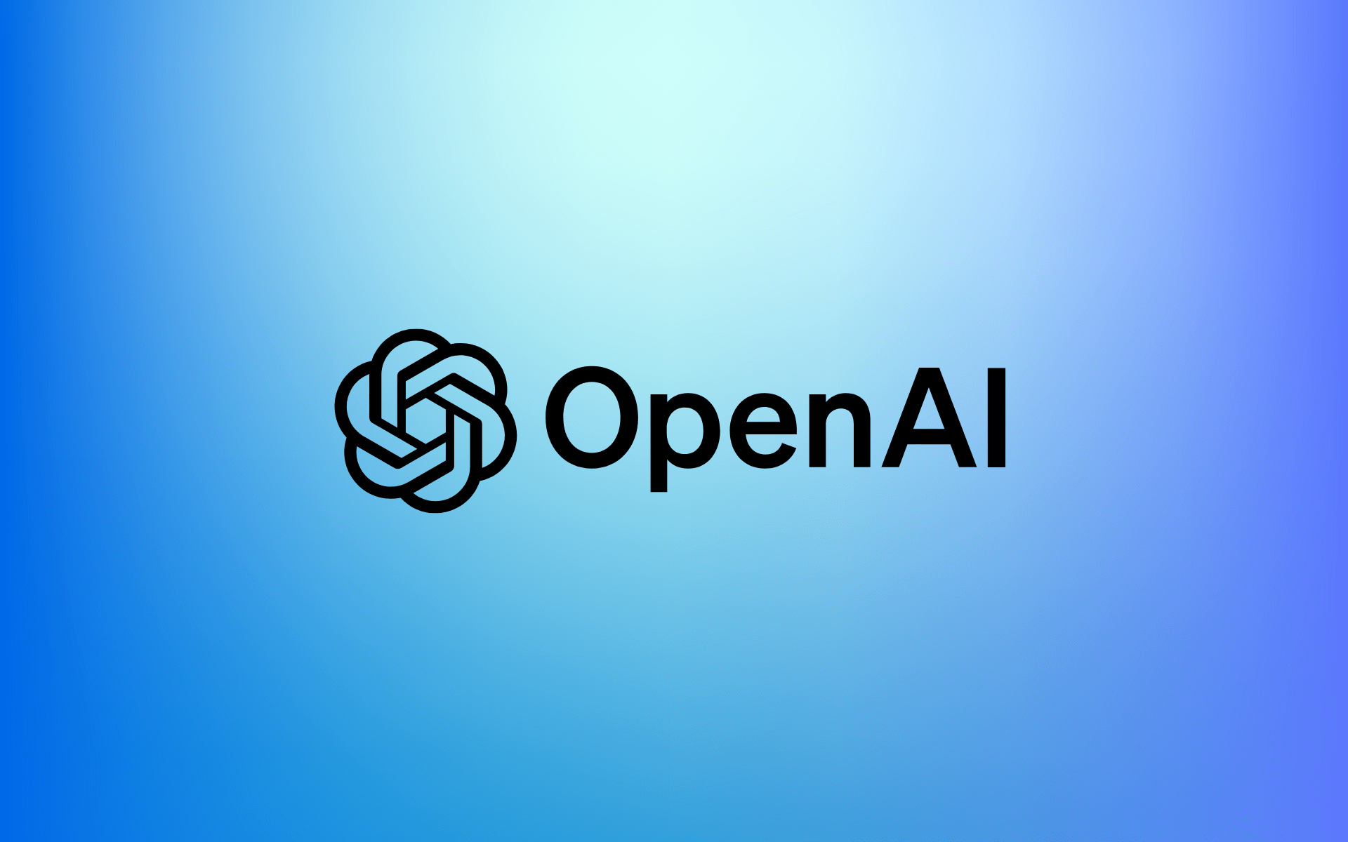 The image shows the OpenAI logo on a gradient blue background. The logo consists of a black geometric knot design to the left of the text "OpenAI" written in a bold, black font. The gradient background transitions from a darker blue at the edges to a lighter blue towards the center. This image represents OpenAI, a prominent artificial intelligence research organization.