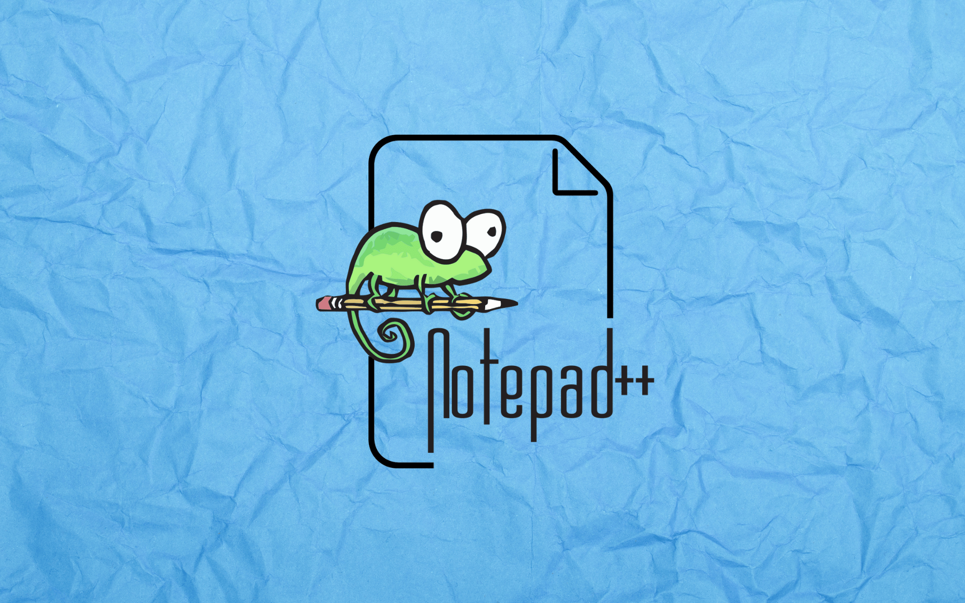 The image shows the logo for Notepad++, a popular text editor application. The logo features a cartoon green chameleon with large white eyes perched on a pencil, positioned against the outline of a document or notepad page with a folded corner. Below this mascot, the text "Notepad++" appears in a stylized font. The entire logo is centered on a light blue crumpled paper background that has a textured appearance with visible creases and folds. This represents the application's mascot and branding for this free, open-source code editor and Notepad replacement that supports multiple programming languages.