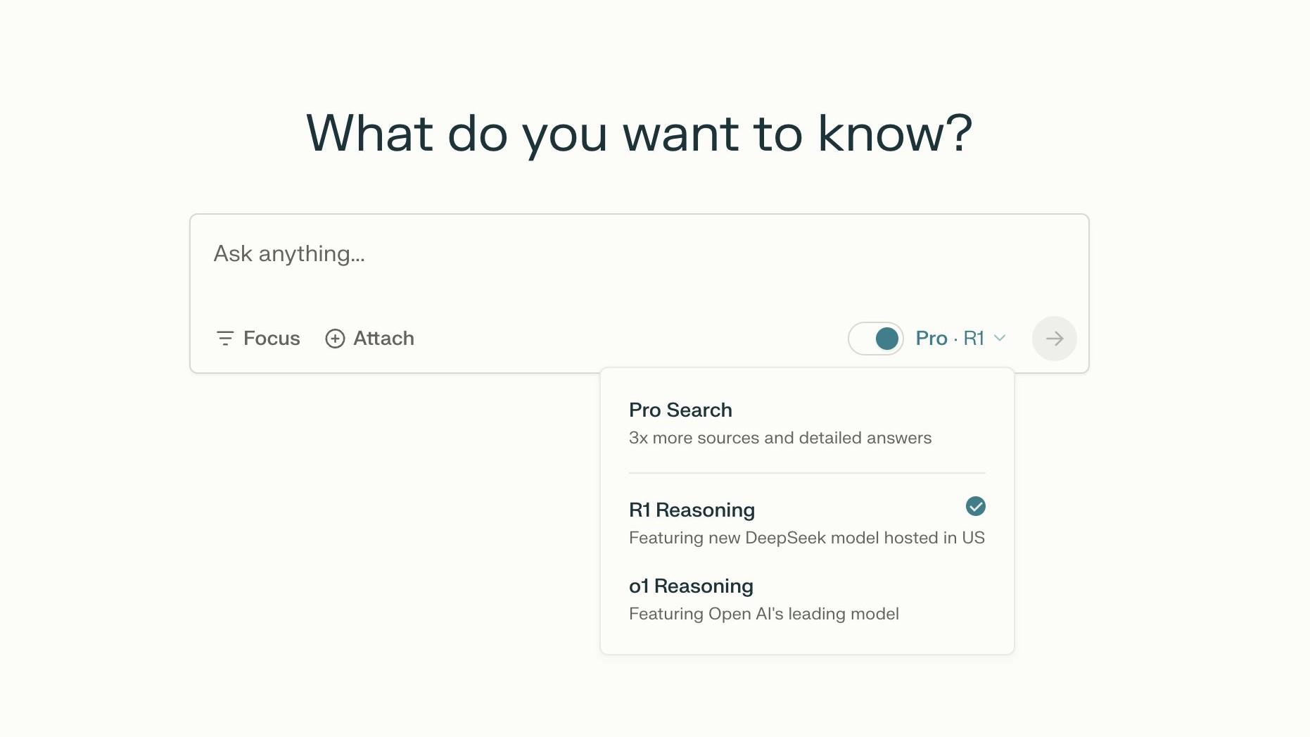 A screenshot of the Perplexity chatbot screen showing users can use multiple AI models, including the new DeepSeek R1 reasoning model.