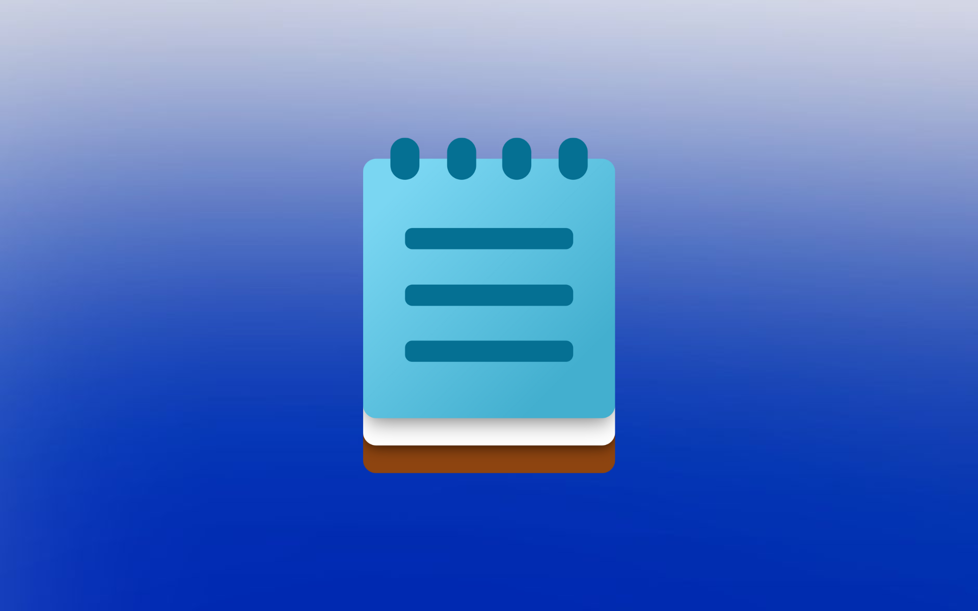 A modern minimalist icon depicting a Windows Notepad app icon. The design shows a light blue notepad with spiral binding at the top represented by four dark teal oval shapes. The notepad contains three horizontal lines suggesting text entries. The icon is stacked on white and brown base layers creating a subtle shadow effect. The background features a blue gradient that transitions from light at the top to darker at the bottom.
