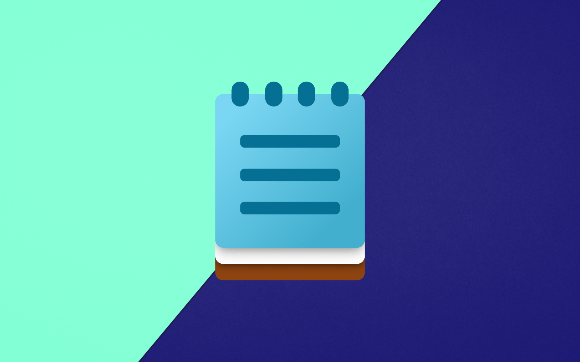 The image shows a stylized notepad or document icon. It features a light blue notepad with spiral binding at the top, represented by four dark blue circles. The notepad has three horizontal dark blue lines representing text or content. The notepad appears to be slightly tilted, with a white layer and a brown layer visible underneath it, creating a stacked effect. The background is split diagonally with a mint green color on the left and a dark navy blue on the right. This minimalist design resembles a modern interpretation of a notepad or note-taking app icon, though it differs somewhat from the traditional Microsoft Windows Notepad icon.