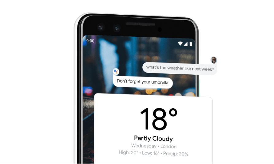 The image shows a Google Pixel 3 smartphone displaying a Google Assistant conversation. The phone screen shows a chat interface where someone has asked "what's the weather like next week?" and Google Assistant has responded "Don't forget your umbrella." Below this conversation is a weather card showing the forecast: 18° and Partly Cloudy for Wednesday in London, with a high of 20°, low of 16°, and 20% precipitation chance. The phone has dual front-facing cameras visible at the top of the device, and the time shown is 9:00.