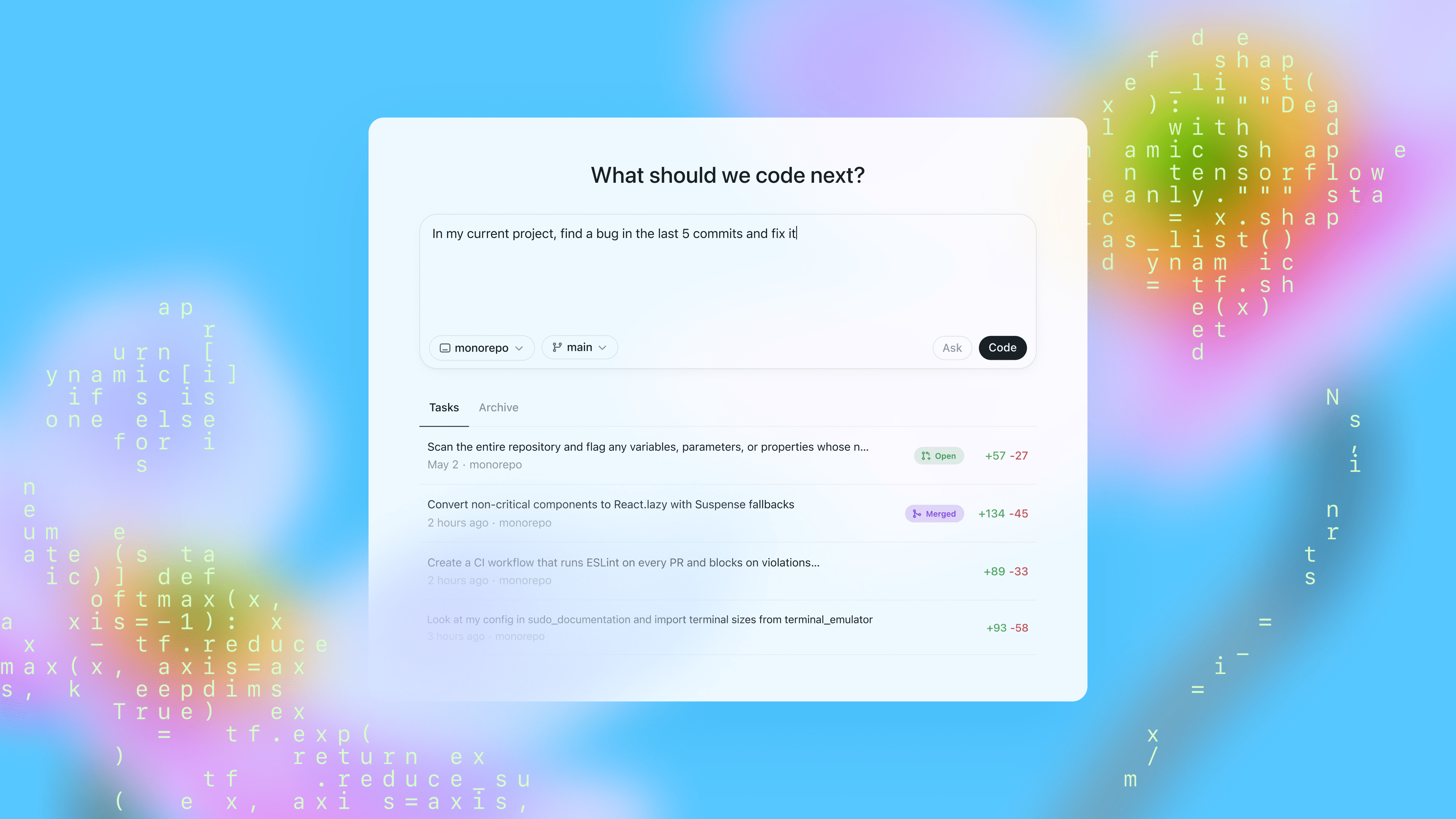OpenAI Codex's dashboard asks, ‘What should we code next?’ with a prompt box, repo/branch selectors, and a task list on a pastel code-themed backdrop.