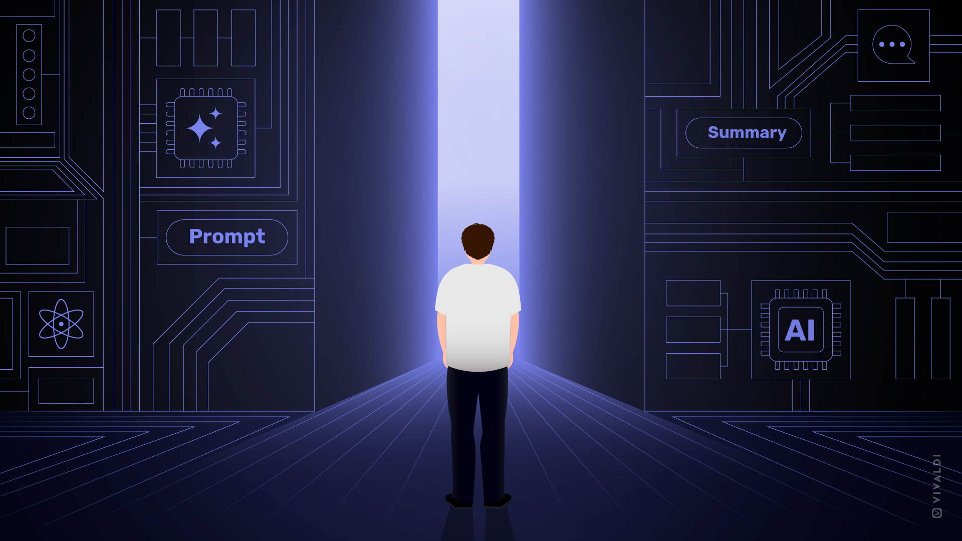 Illustration of a person standing in front of a glowing doorway, surrounded by circuit-like designs with AI-related icons and words like ‘Prompt’ and ‘Summary,’ symbolizing the impact of artificial intelligence on web browsing.