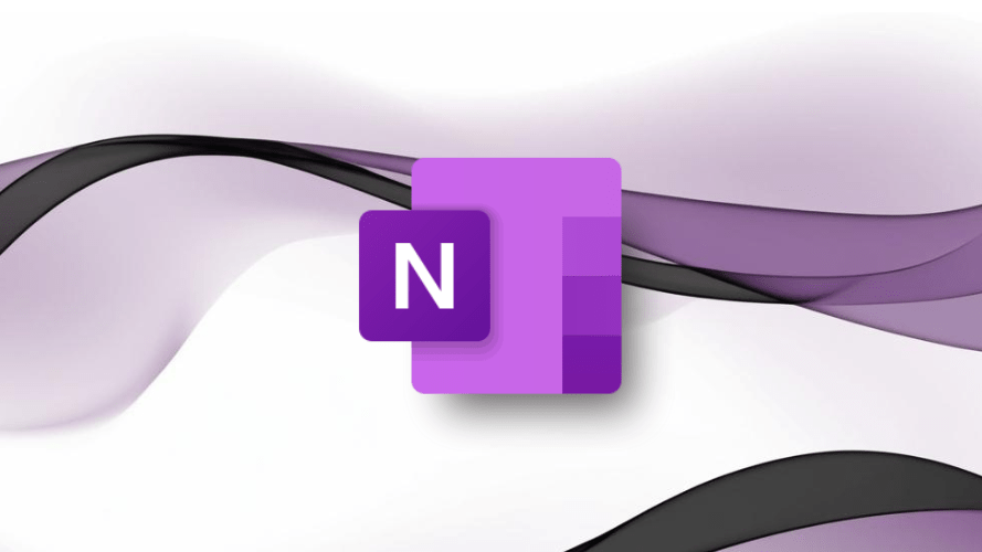 Microsoft OneNote application icon featuring a purple square with a white "N" letter, set against an abstract background of flowing curved shapes in purple, gray, and white tones that create a modern, dynamic design.