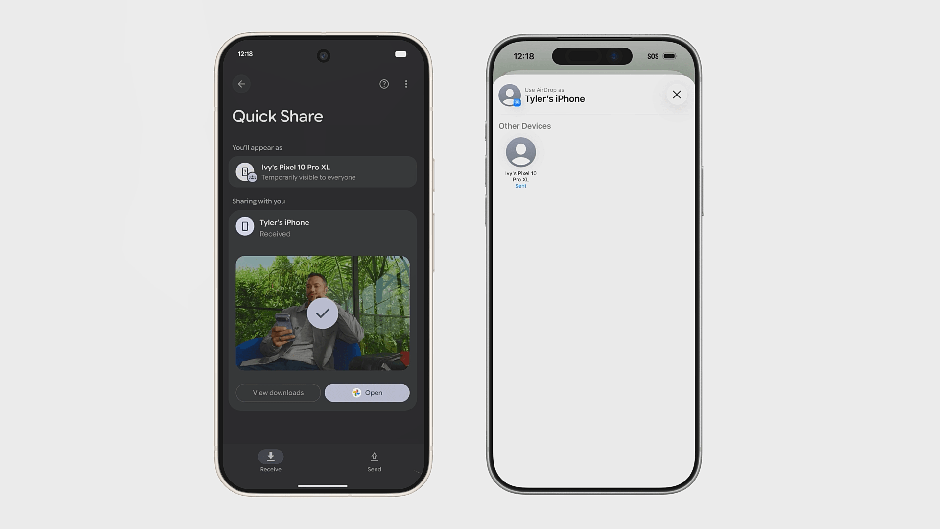 A side-by-side comparison showing a Google Pixel 10 Pro XL using Quick Share to successfully send a file to an iPhone, with the iPhone displaying the Android device inside its native AirDrop menu.