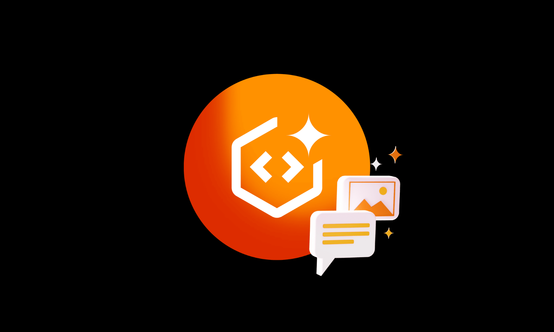 A bright orange circular gradient with a white Firebase-style code bracket icon in the center, surrounded by small sparkles, alongside 3D chat bubbles and an image thumbnail icon on a black background.