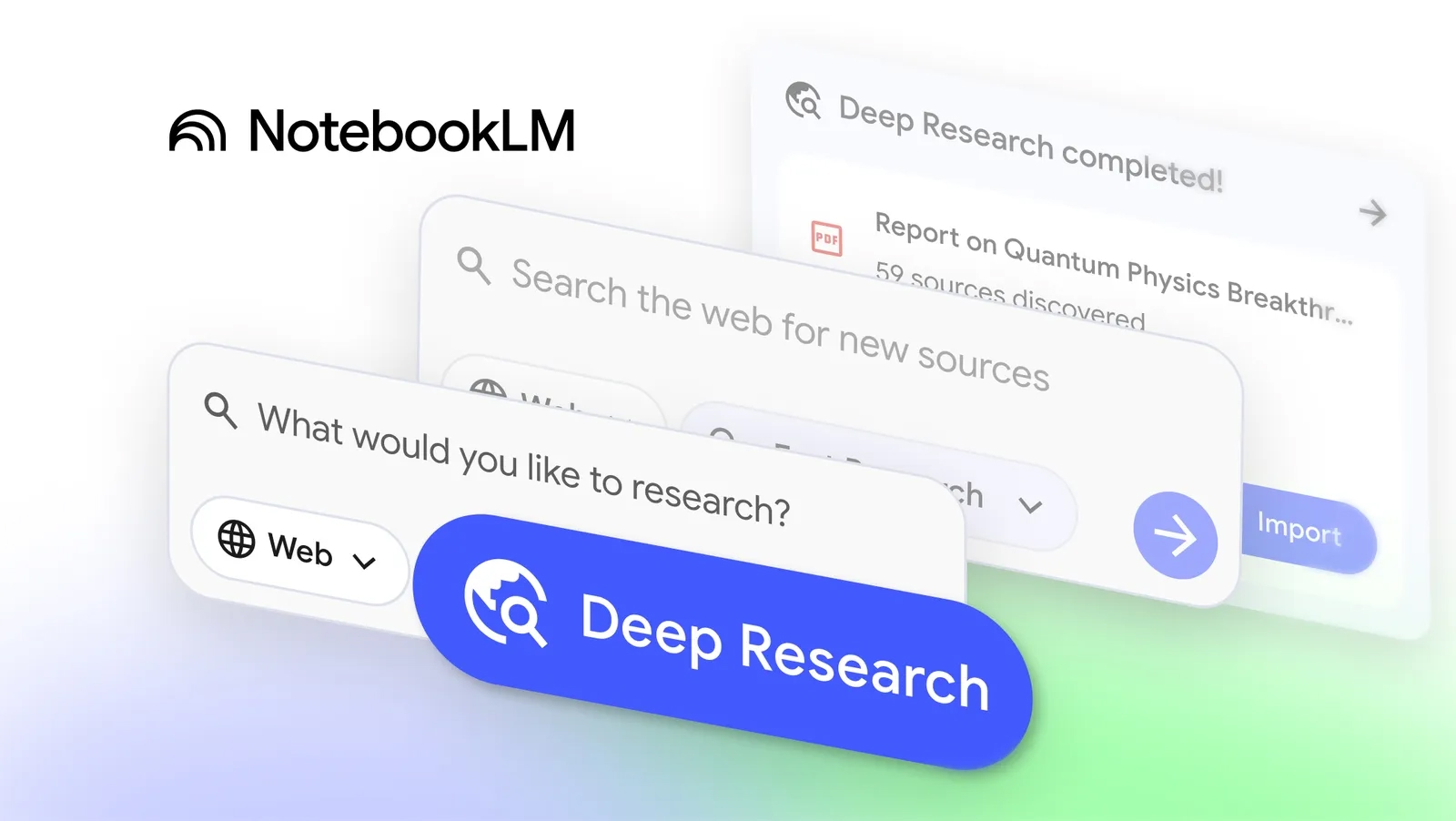 A promotional image for Google's NotebookLM, showing the "Deep Research" feature. In the foreground, a blue button reads "Deep Research," floating over a search bar that asks, "What would you like to research?" Behind it, another search bar says, "Search the web for new sources," and in the background, a notification card shows, "Deep Research completed! Report on Quantum Physics Breakthr... 59 sources discovered." The NotebookLM logo is in the top left corner.