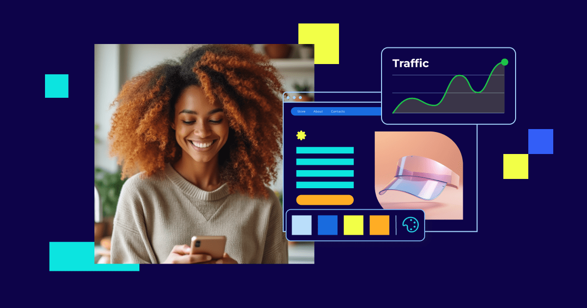 A smiling woman with curly hair looks down at her smartphone, surrounded by colorful abstract graphics, website interface elements, a traffic analytics chart, and bright geometric shapes on a dark blue background, representing digital marketing and website growth.