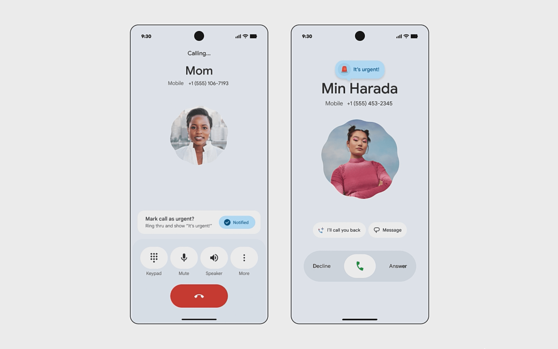 Two Android phone screens showing Google’s new Call Reason feature; the left screen displays an outgoing call to “Mom” with an option to mark the call as urgent, while the right screen shows an incoming call from “Min Harada” with a blue “It’s urgent!” badge at the top and options to decline, answer, or send a quick message.