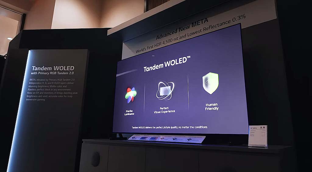 Promotional display showcasing LG Display’s Tandem WOLED with Primary RGB Tandem 2.0 at CES 2026, highlighting key features like 4,500-nit HDR brightness, 0.3% reflectance, and independent RGB OLED layers for precise luminance, vivid color, and deep blacks across TVs and gaming monitors.