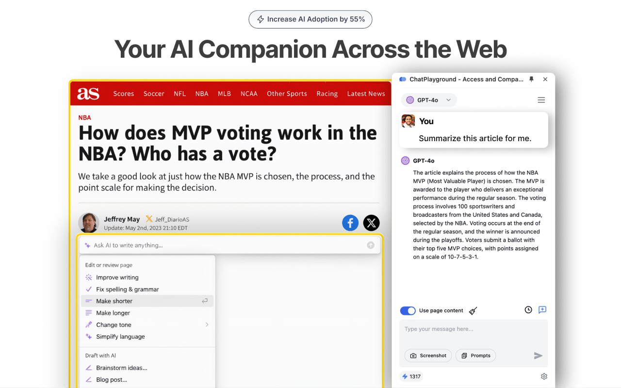 A screenshot of a sports news article titled “How does MVP voting work in the NBA? Who has a vote?” from the site as, written by Jeffrey May and updated on May 2, 2023. The article explains the NBA MVP voting process, including who votes and the point scale used. On the right side of the page, a ChatPlayground interface shows a user prompt asking GPT-4o to summarize the article, with the AI’s response displayed. Below the AI response, a dropdown menu labeled “Ask AI to write anything…” offers options such as improving writing, fixing grammar, making text shorter or longer, changing tone, and simplifying language.