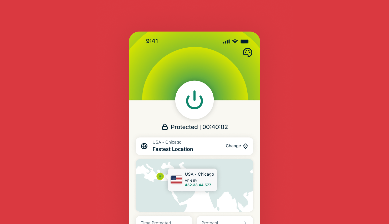 A smartphone screen displaying the ExpressVPN app interface on a red background, showing a large green power button at the top, a “Protected” status with connection time, and a connected server location card for USA–Chicago with a map preview.