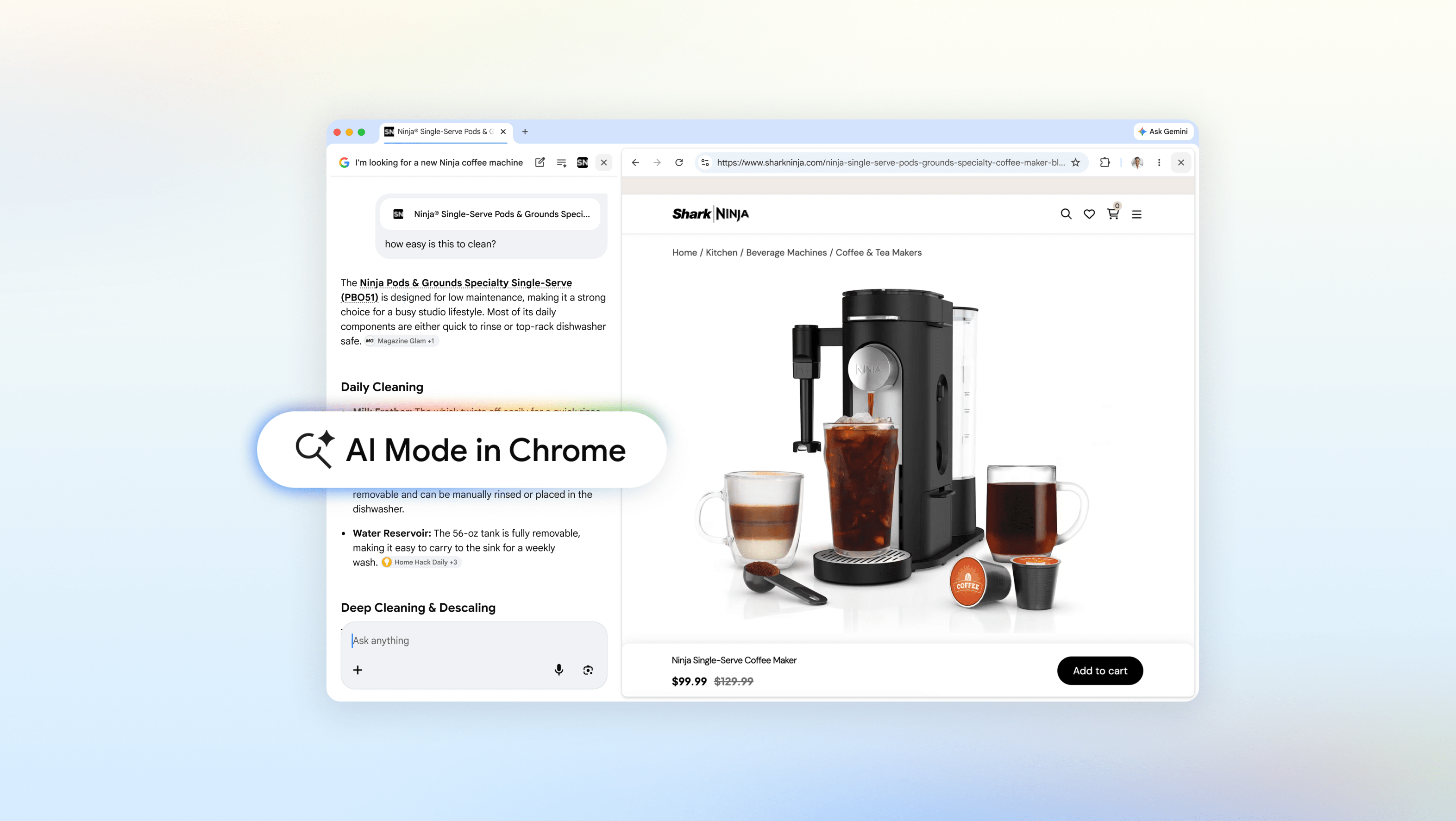 AI Mode in Chrome showing AI-powered shopping assistant panel alongside a Ninja coffee machine product page with pricing and details