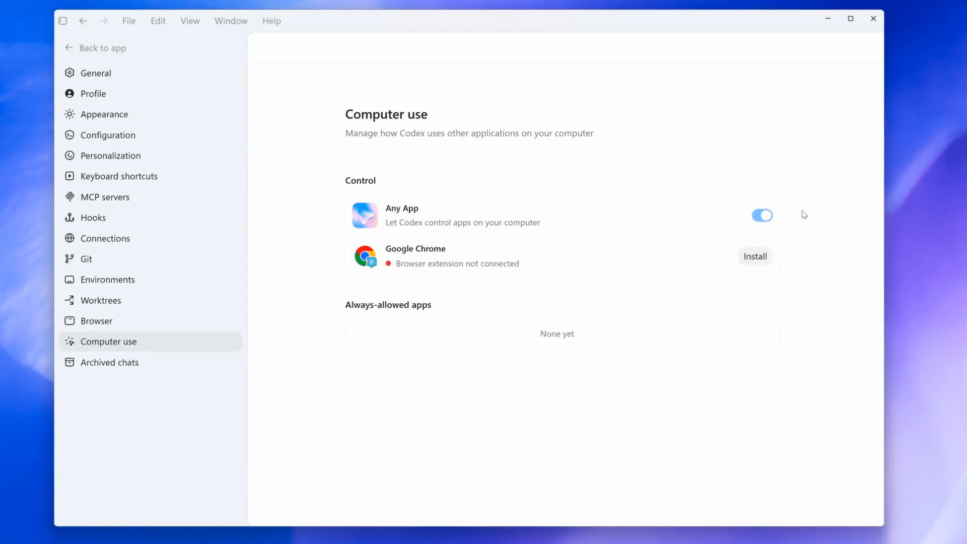 Screenshot of the Codex desktop app settings page showing the “Computer use” section. The interface includes options to allow Codex to control applications on the computer, with “Any App” enabled and a Google Chrome browser extension available for installation. A navigation sidebar on the left lists settings categories such as General, Appearance, MCP Servers, Git, Browser, and Computer Use.