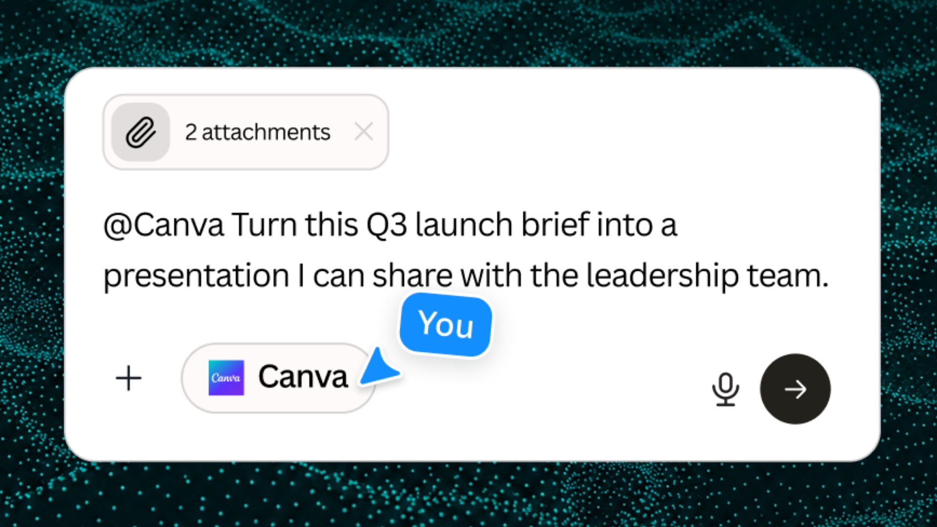 Screenshot-style promotional image showing a chat interface with the message: “@Canva Turn this Q3 launch brief into a presentation I can share with the leadership team.” Two file attachments are attached above the prompt, while a Canva app button appears below, highlighted by a blue label reading “You,” indicating app selection within the chat. The interface includes attachment, microphone, and send icons, set against a dark teal abstract background of glowing digital particles.
