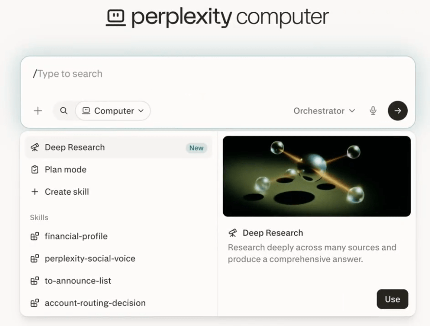 Screenshot of the Perplexity Computer interface featuring a command panel for AI-powered tasks and automation. The dashboard includes a search bar, an Orchestrator mode selector, Deep Research tools, custom skills, and planning options, designed to help users perform research, workflows, and computer-assisted tasks.