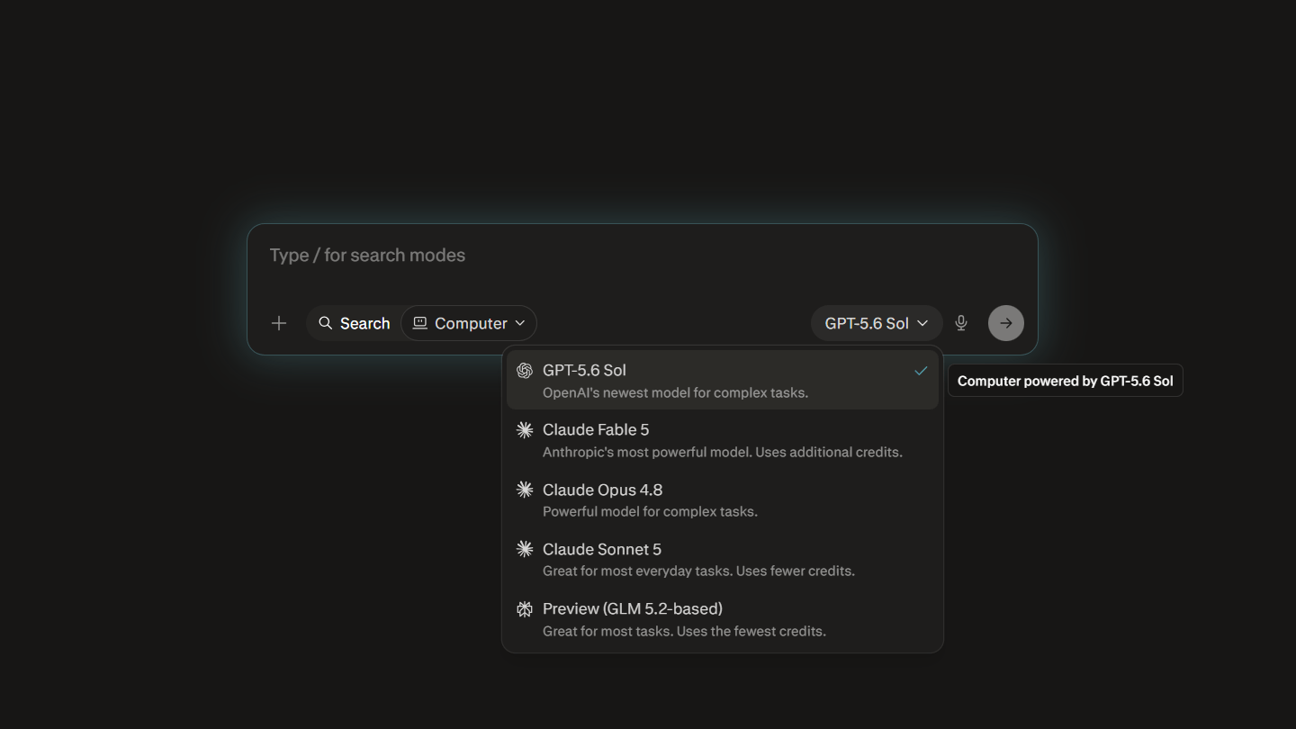 Screenshot of the Perplexity Comet browser showing the AI model selection menu for its Computer mode, with the new GPT-5.6 Sol model selected for complex tasks alongside Claude Fable 5, Claude Opus 4.8, Claude Sonnet 5, and a GLM 5.2-based preview model.