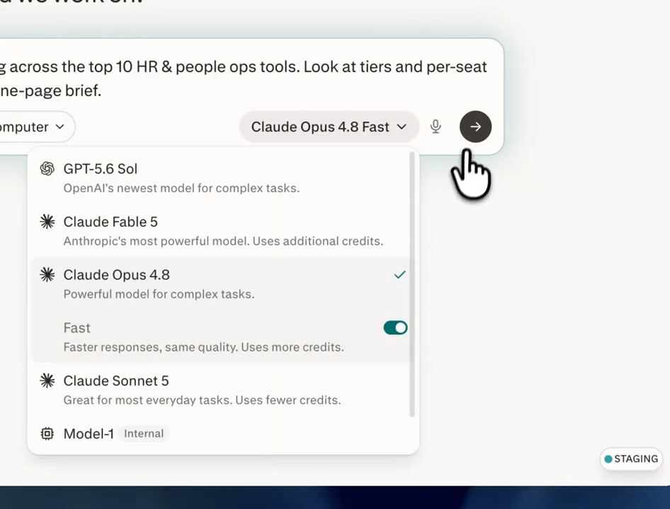 Screenshot of Perplexity Computer showing the AI model selection menu with Claude Opus 4.8 selected and Fast mode enabled, highlighting the option for faster responses at the cost of higher credit usage.