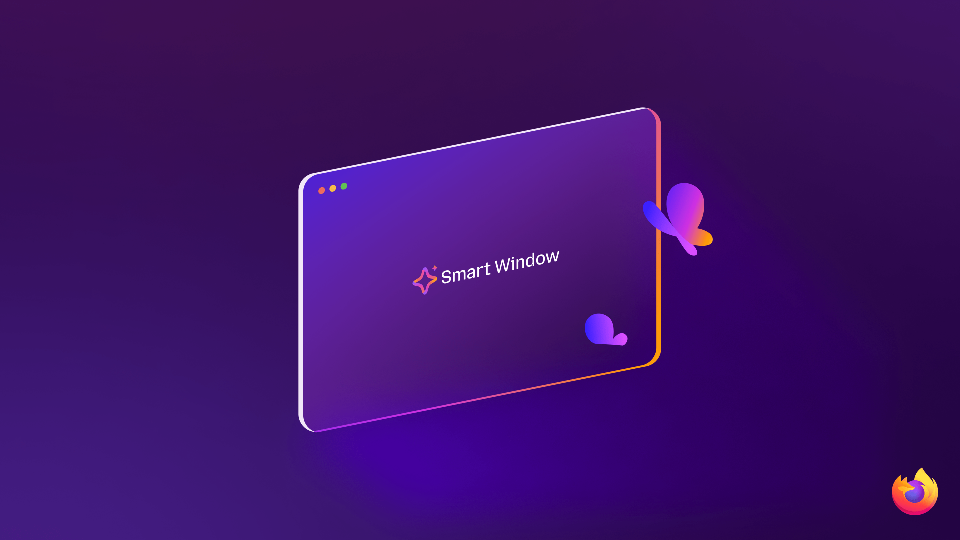 Illustration of Firefox Smart Window on a purple background, showing a stylized browser window with the Smart Window label and Firefox branding.