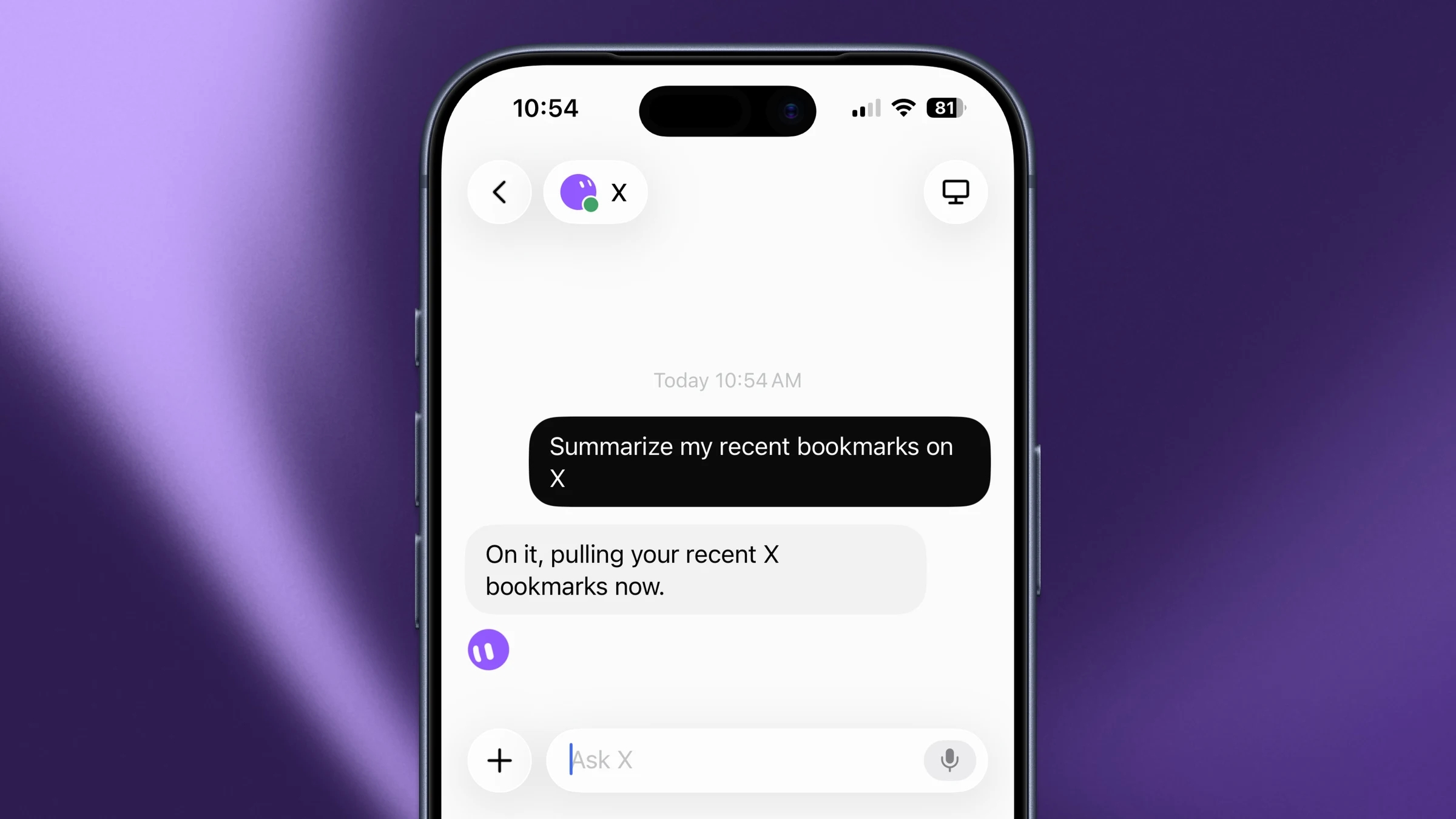 An iPhone screen shows Grok Bot connected to X, with a user asking, “Summarize my recent bookmarks on X,” and the AI replying that it is pulling the bookmarks.
