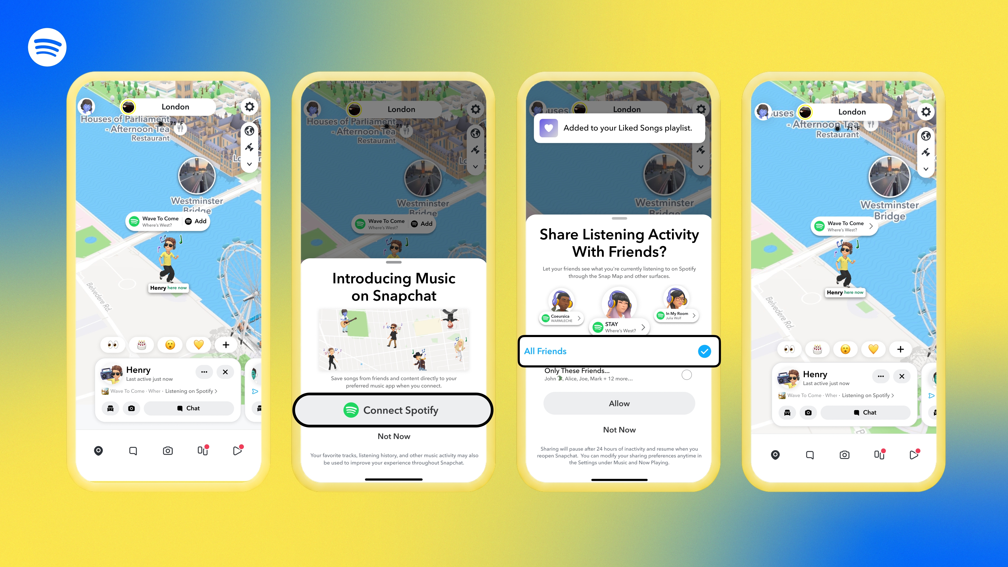 A Snapchat promo graphic showing four phone mockups for the new Now Playing feature on Snap Map, including Spotify account linking, listening activity sharing controls, and a map view with a friend’s current song.