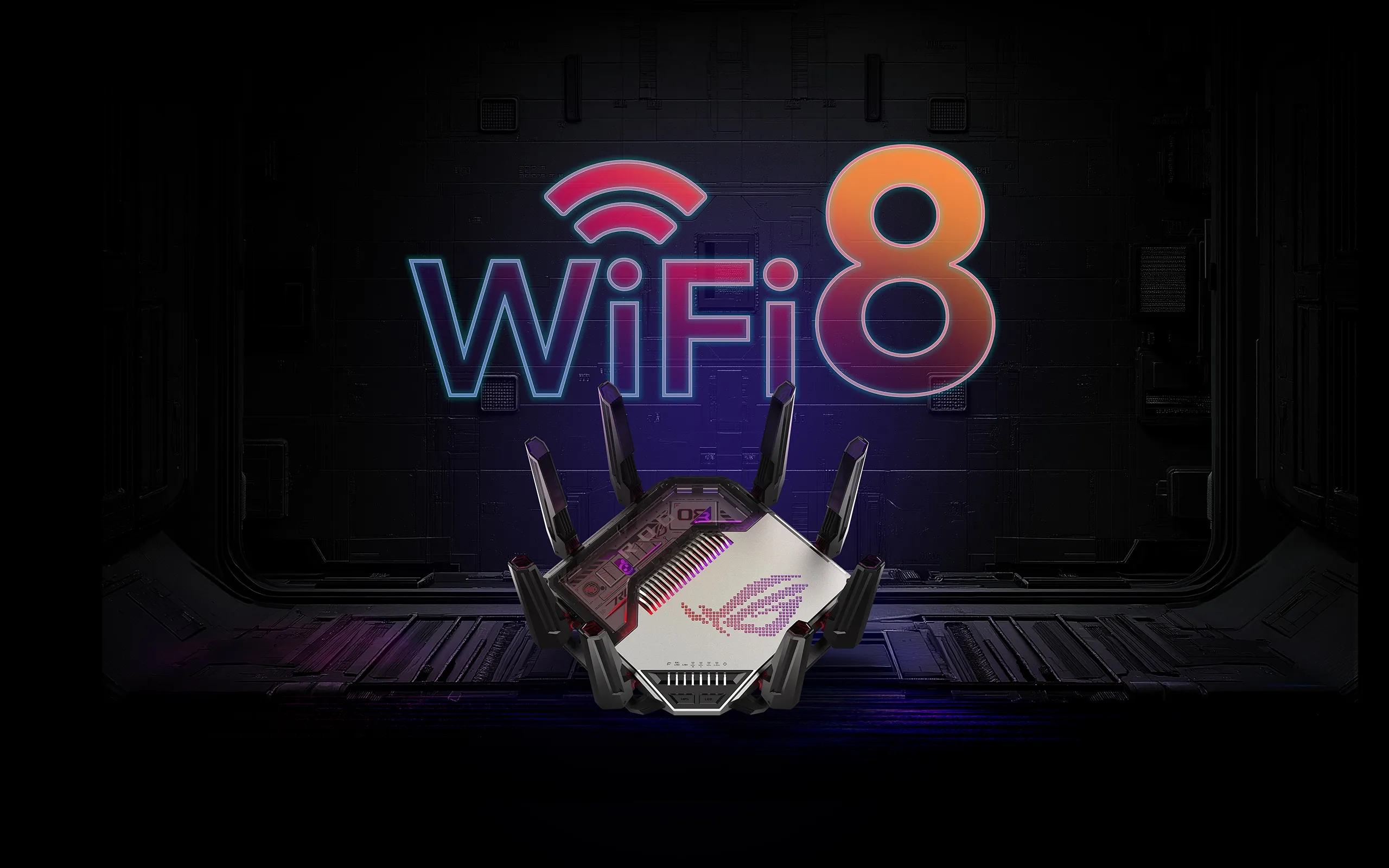 ROG Rapture GT-BN98 Pro WiFi 8 gaming router with eight external antennas displayed beneath a glowing “WiFi 8” graphic.