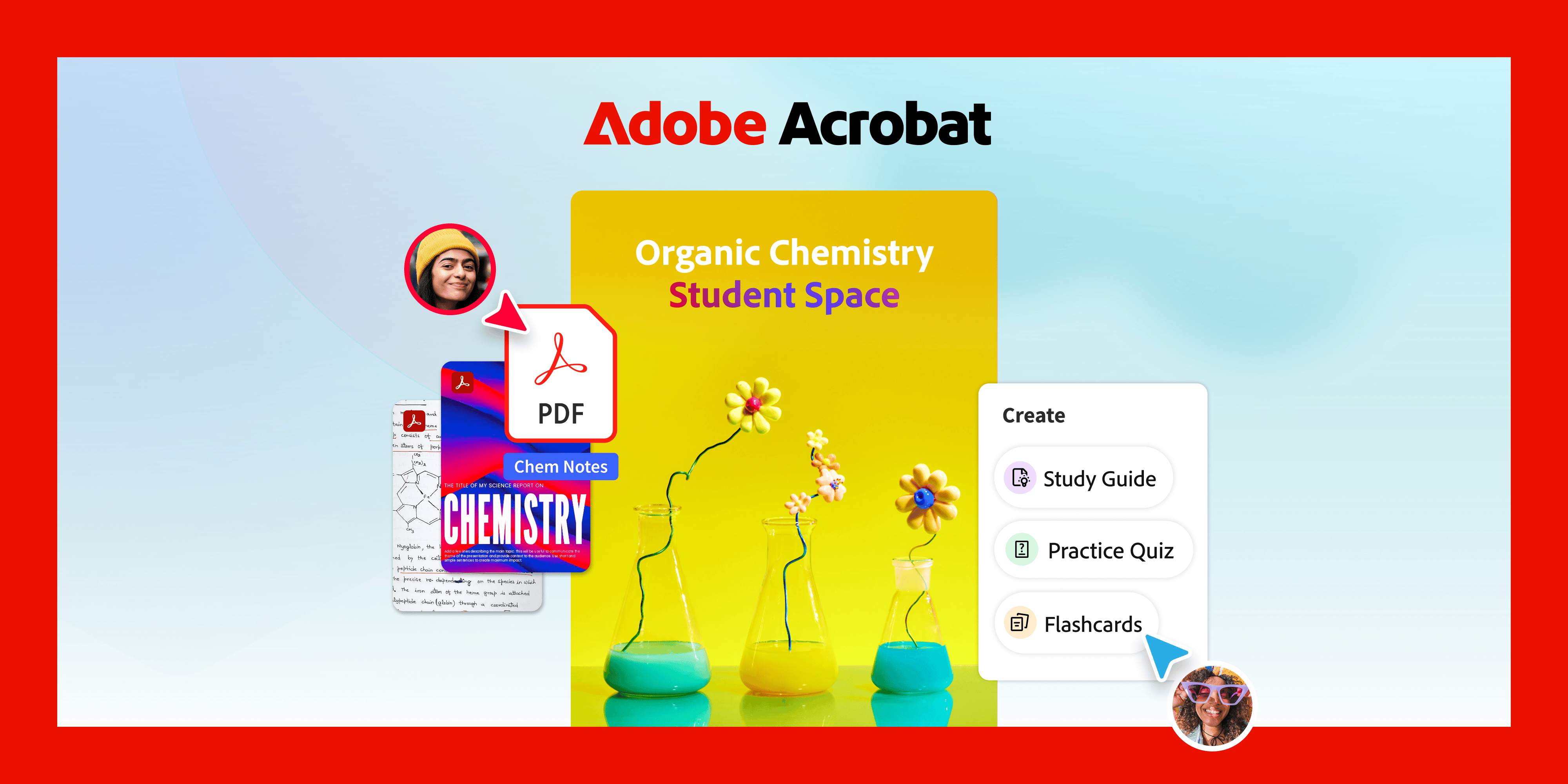 A promotional graphic for Adobe Acrobat showcasing an "Organic Chemistry Student Space." Chemistry PDF documents and notes are uploaded on the left, flanked by student profile avatars. In the center, yellow, green, and blue glass laboratory flasks hold colorful flowers, set against a bright yellow background. On the right, a white menu displays options to "Create" a "Study Guide," "Practice Quiz," or "Flashcards," with a cursor pointing toward "Flashcards."