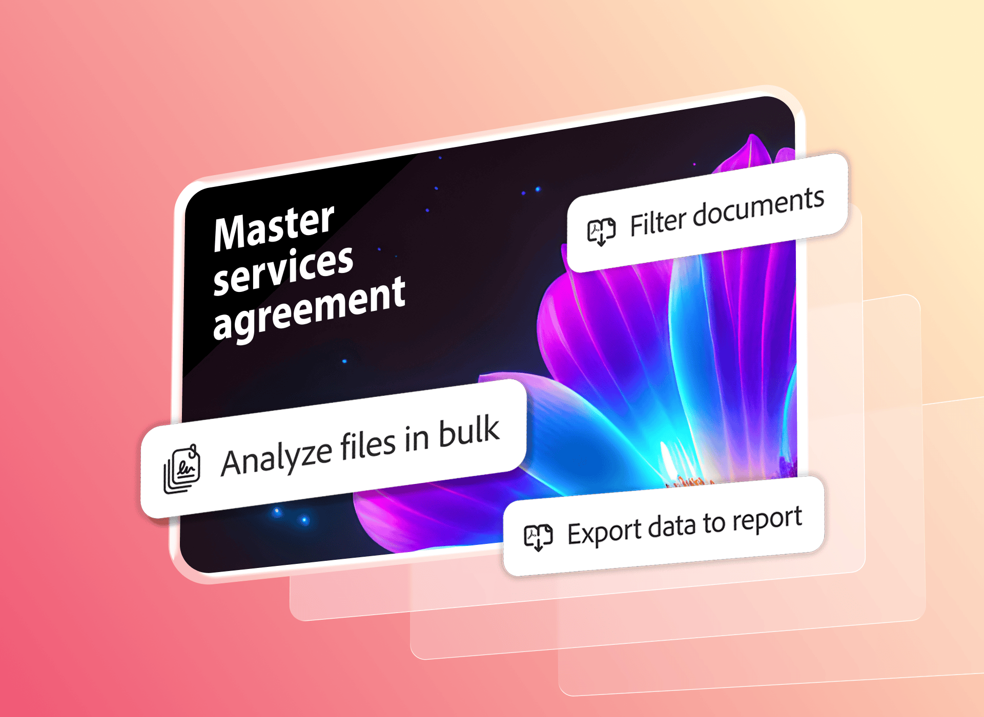 A 3D graphic of digital document cards set against a warm pink and yellow gradient background. The central card displays a dark background with vibrant, glowing purple and blue floral petals, overlaid with white text that reads "Master services agreement." Surrounding the card are three white floating UI buttons with icons that say "Filter documents," "Analyze files in bulk," and "Export data to report."