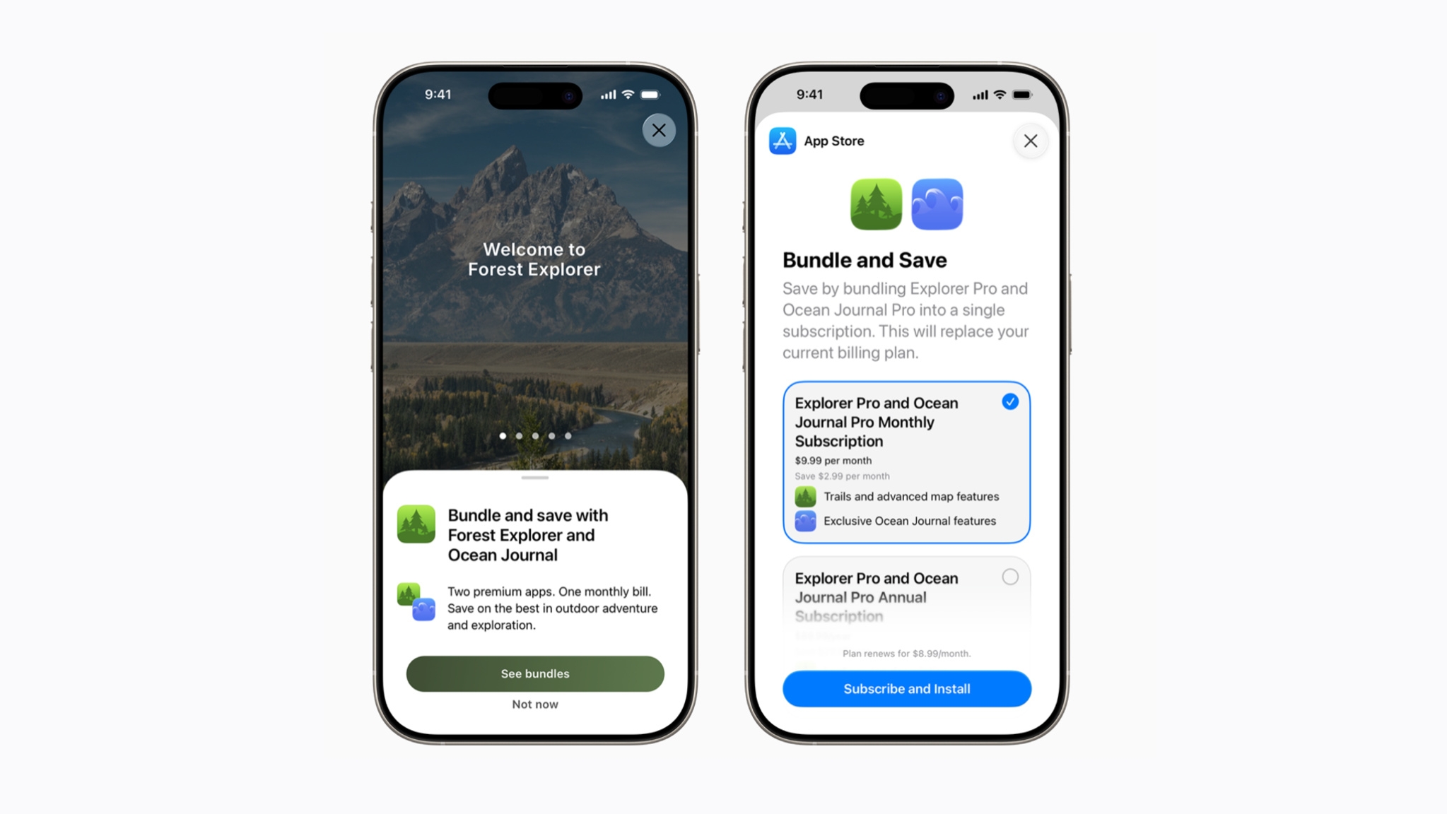 Side-by-side mockup of two iPhones showing the user experience for an App Store subscription bundle. The left screen shows the "Forest Explorer" app with a bottom sheet offering to "Bundle and save with Forest Explorer and Ocean Journal" to get two apps on one monthly bill. The right screen shows the native App Store purchase overlay titled "Bundle and Save," featuring app icons for both services, selectable options for monthly ($9.99/month) or annual plans, and a blue "Subscribe and Install" button at the bottom.