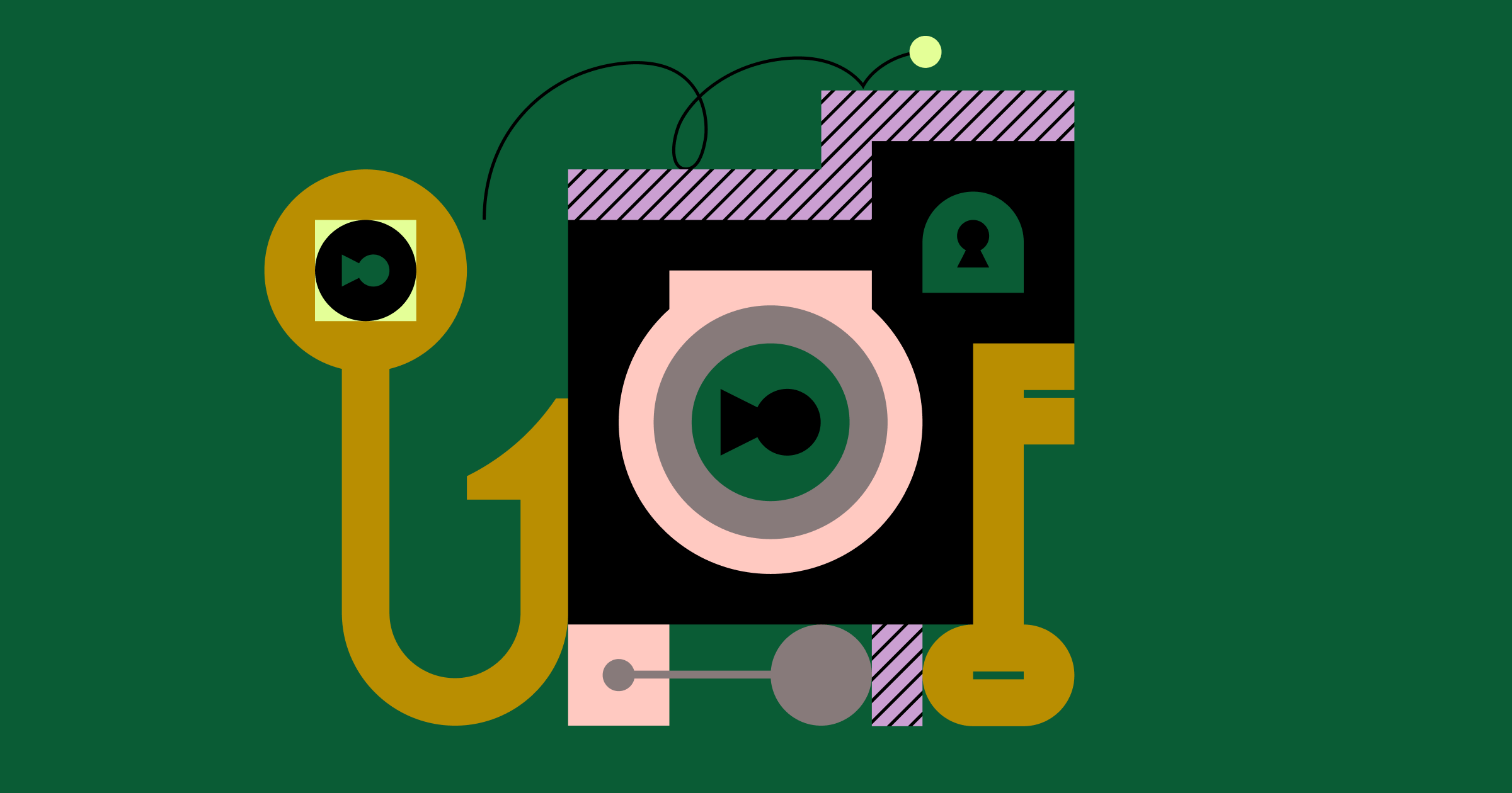 A geometric flat-art illustration centered on a dark green background, depicting security and data protection motifs. It features an arrangement of black and pastel-toned rectangular blocks, diagonal purple-and-black hatched patterns, and stylized gold keys and keyholes framing a large concentric circular lock mechanism.