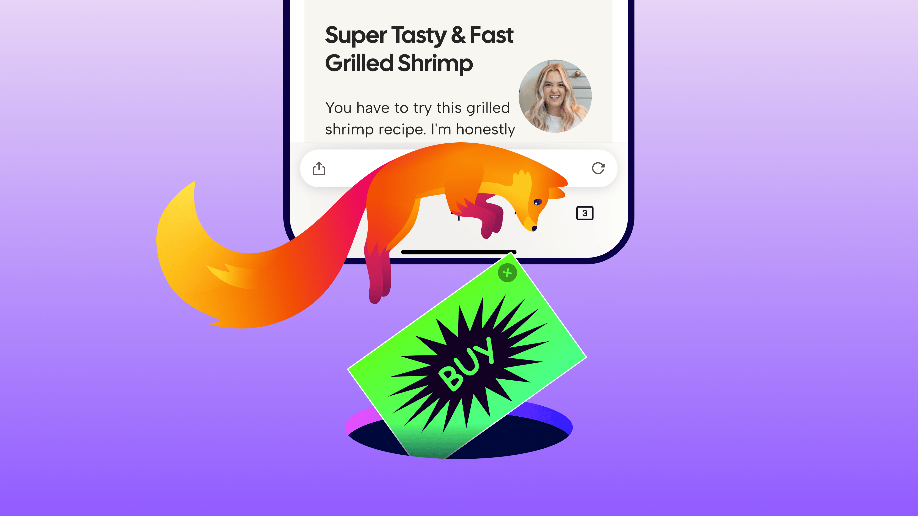 A colorful illustration of an orange fox emerging from a smartphone displaying a grilled shrimp recipe, with a tilted green “BUY” tag falling into a dark hole against a purple gradient background.