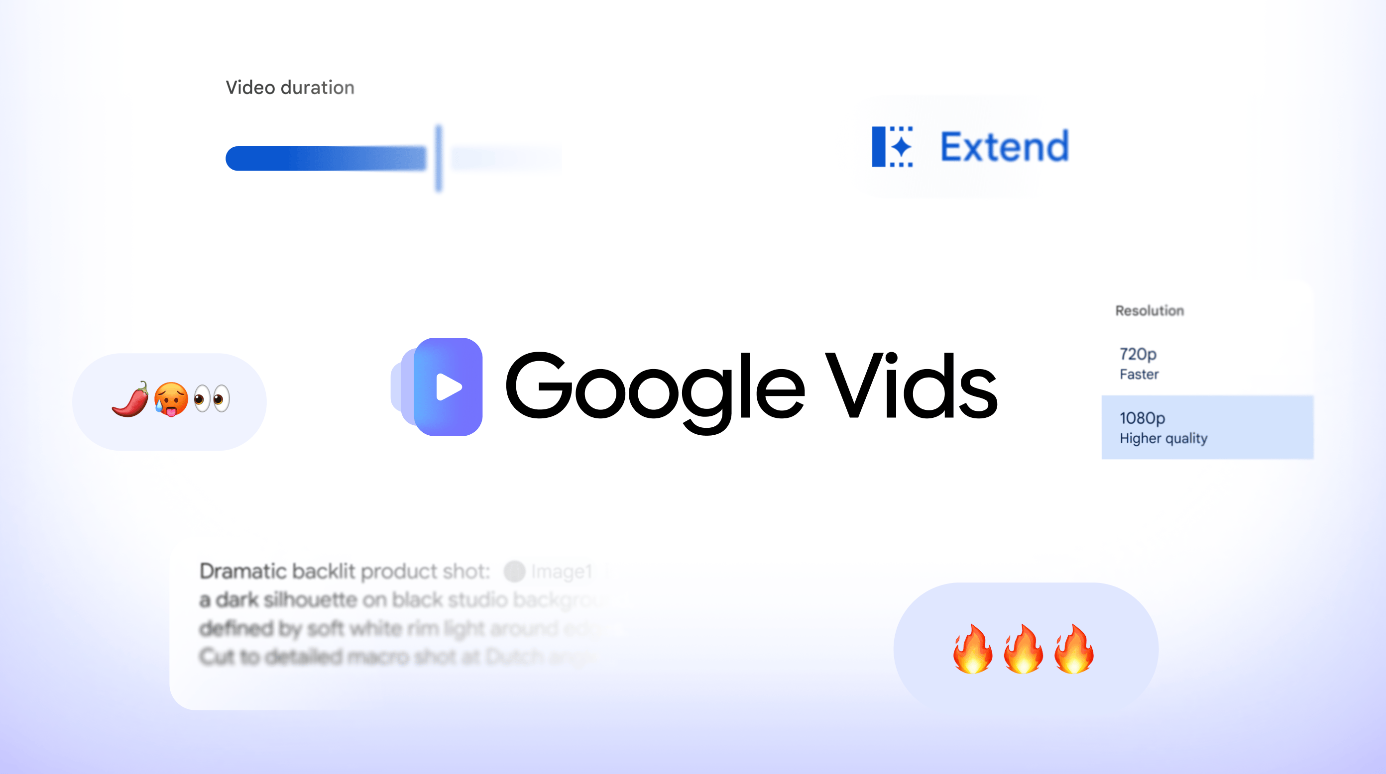 A graphic featuring the blue Google Vids icon and name at the center on a light gradient background. Floating around it are various video-editing interface elements: a "Video duration" slider bar at the top left, an "Extend" scene button at the top right, a resolution toggle highlighting 1080p high quality at the middle right, an AI prompt snippet at the lower left, and floating emoji speech bubbles showing pepper, flushed face, eyes, and fire emojis.