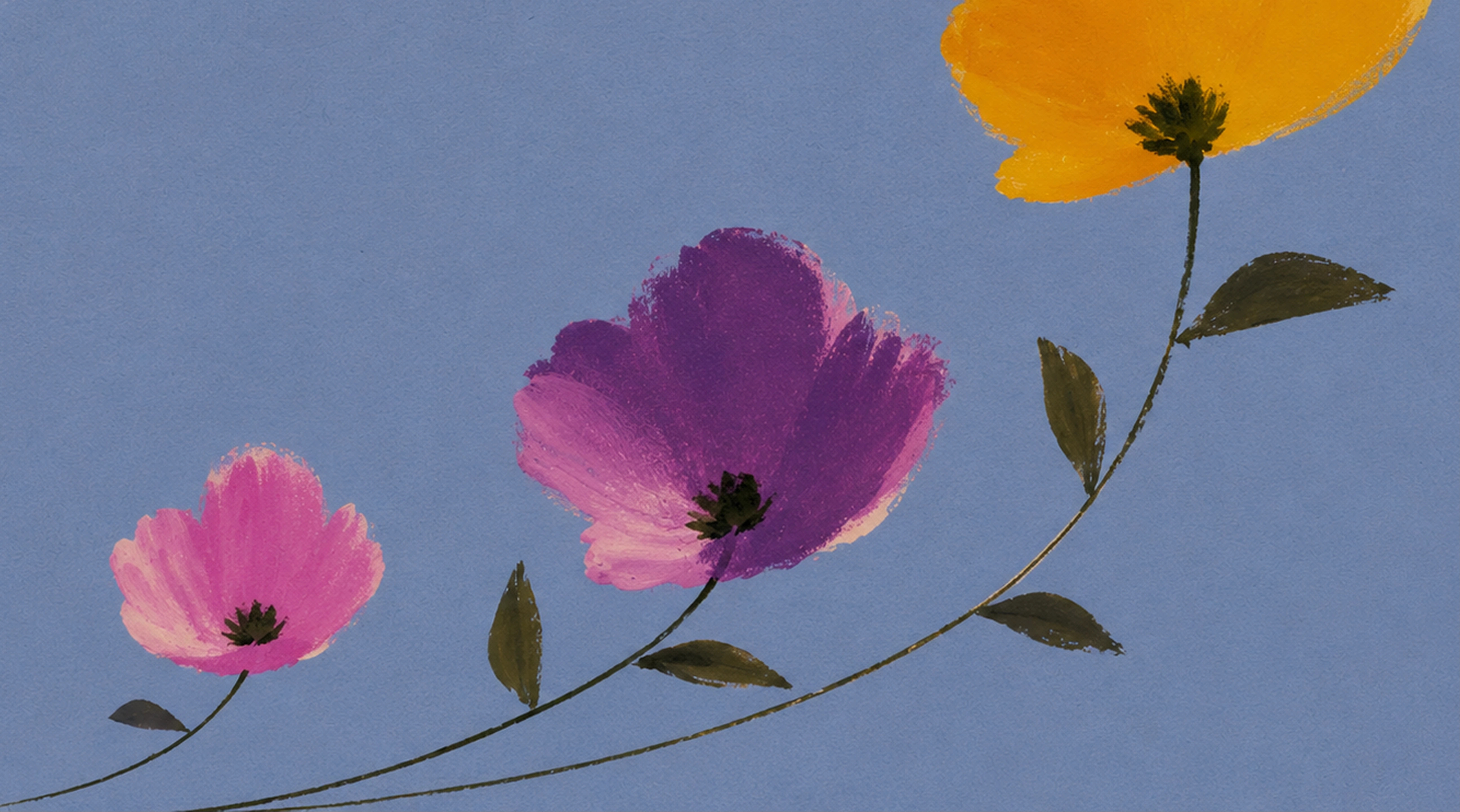 Hand-painted illustration of three colorful flowers—pink, purple, and yellow—with thin curved stems and dark green leaves against a textured light blue background.