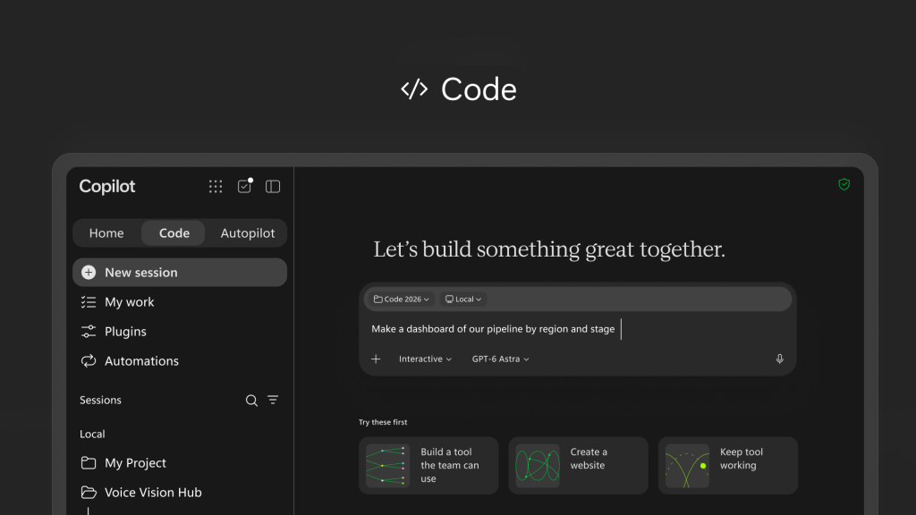 Dark mode Copilot Code interface reading "Let's build something great together" with prompt to build a pipeline dashboard.