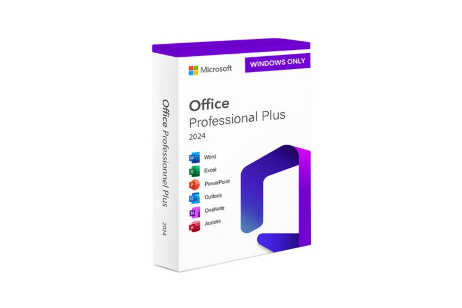 Microsoft Office Professional Plus 2024 software box labeled "Windows Only" featuring app icons for Word, Excel, PowerPoint, and Outlook.