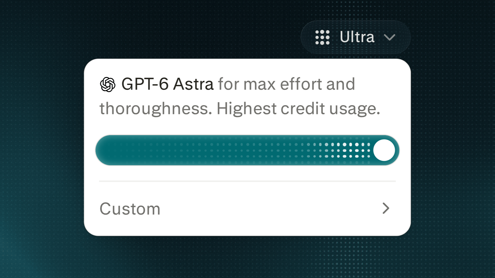 User interface popup displaying the effort control slider set to the maximum "Ultra" position. The text above reads: "GPT-6 Astra for max effort and thoroughness. Highest credit usage," with a "Custom" option at the bottom.