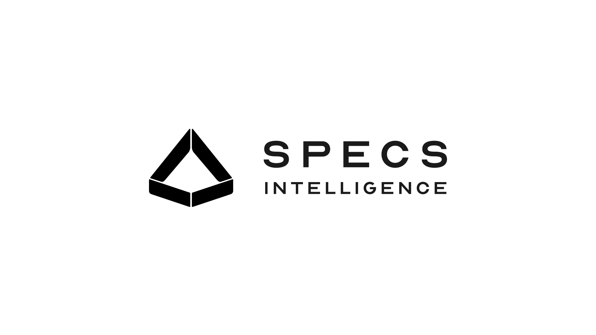 The SPECS Intelligence logo on a solid white background, displaying a black geometric prism emblem to the left of the uppercase bold text "SPECS INTELLIGENCE".