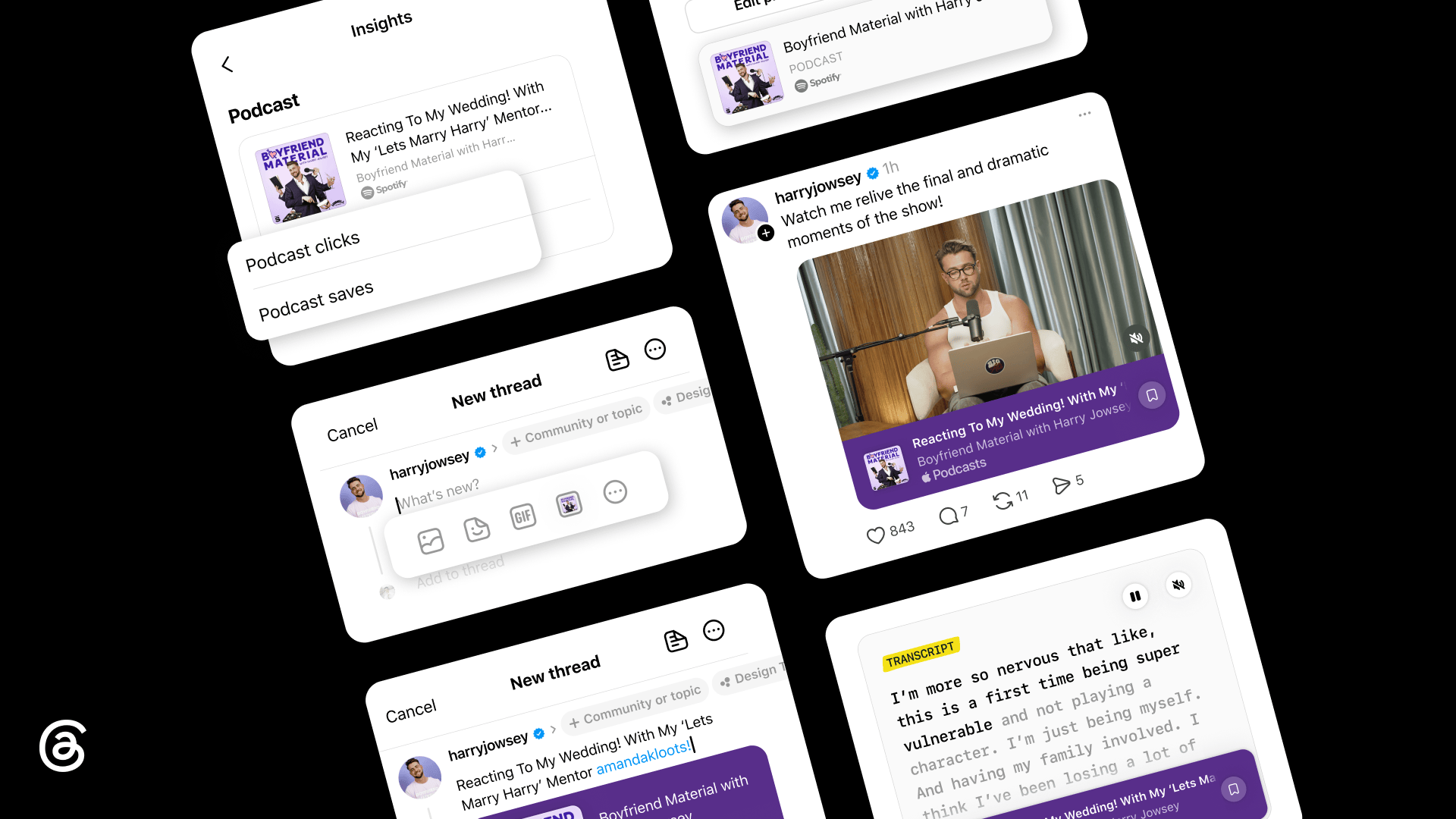 A collage of user interface screens showcasing new podcast features on the Threads app against a black background, including analytics insights, post creation tools, video episode previews, and interactive transcript cards.