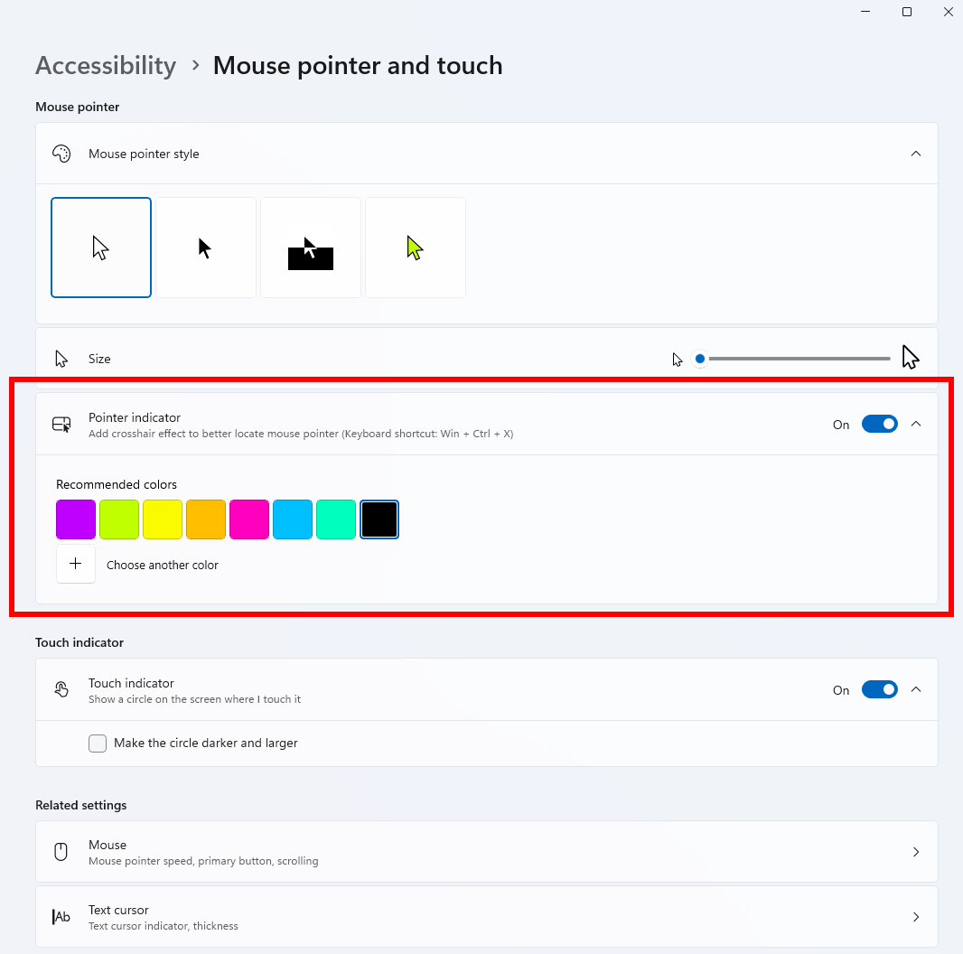 Windows 11 Pointer indicator settings menu toggled On, displaying color palette options under Mouse pointer and touch.