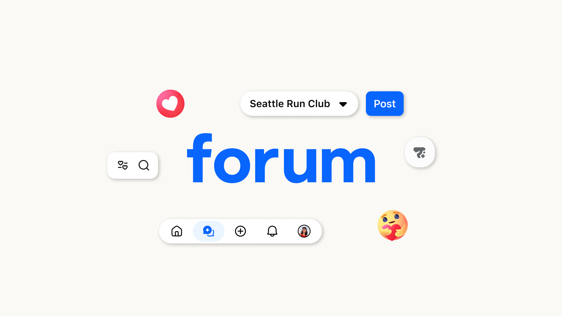 Forum app logo surrounded by social UI elements, reaction emojis, a navigation bar, and buttons reading "Seattle Run Club" and "Post".