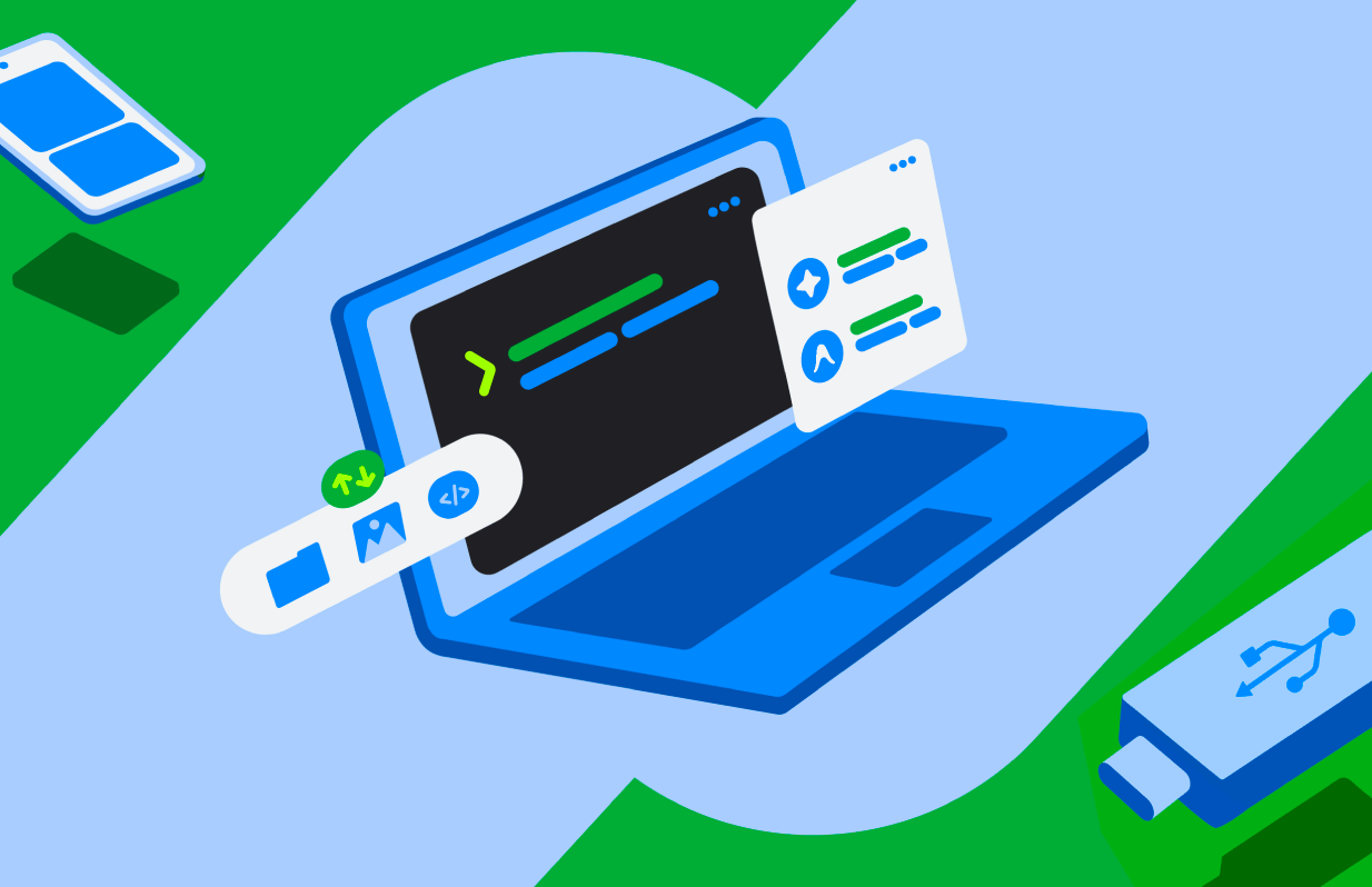 Laptop running a command line, flanked by floating chat, file, and code icons, with a smartphone and USB drive nearby.